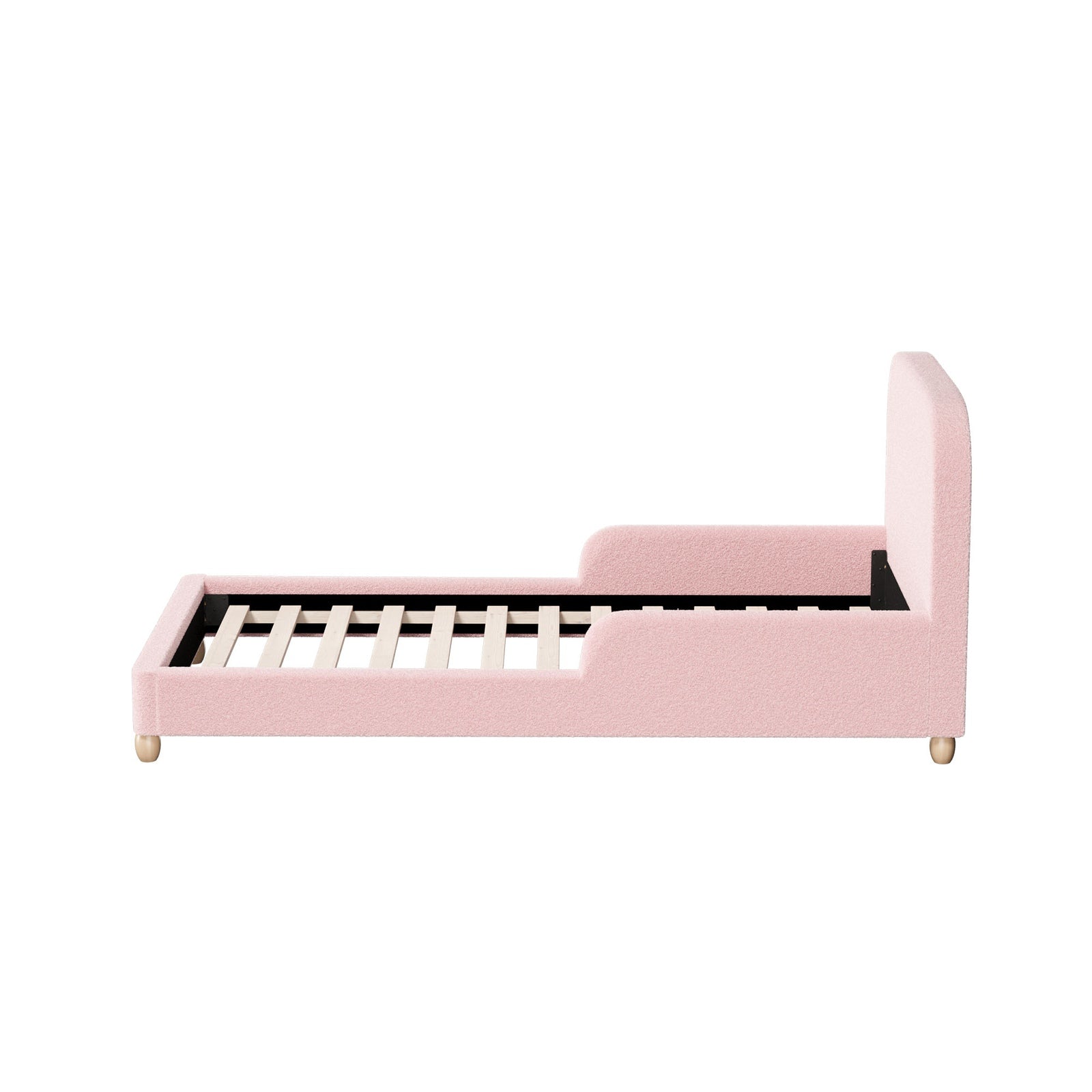 Oikiture Kids Bed Frame Single Size Base with Side Guard Rails Boucle Pink