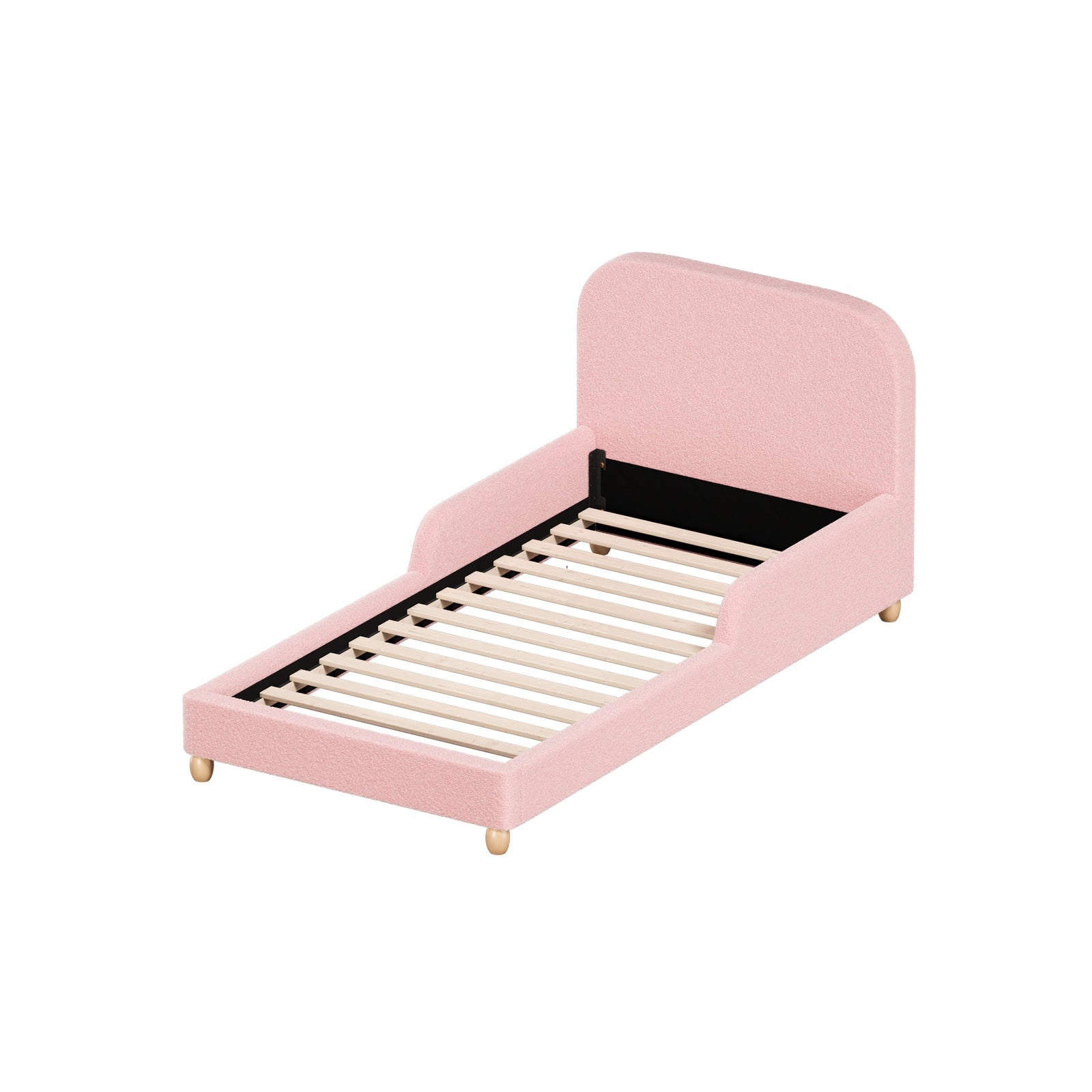 Oikiture Kids Bed Frame Single Size Base with Side Guard Rails Boucle Pink
