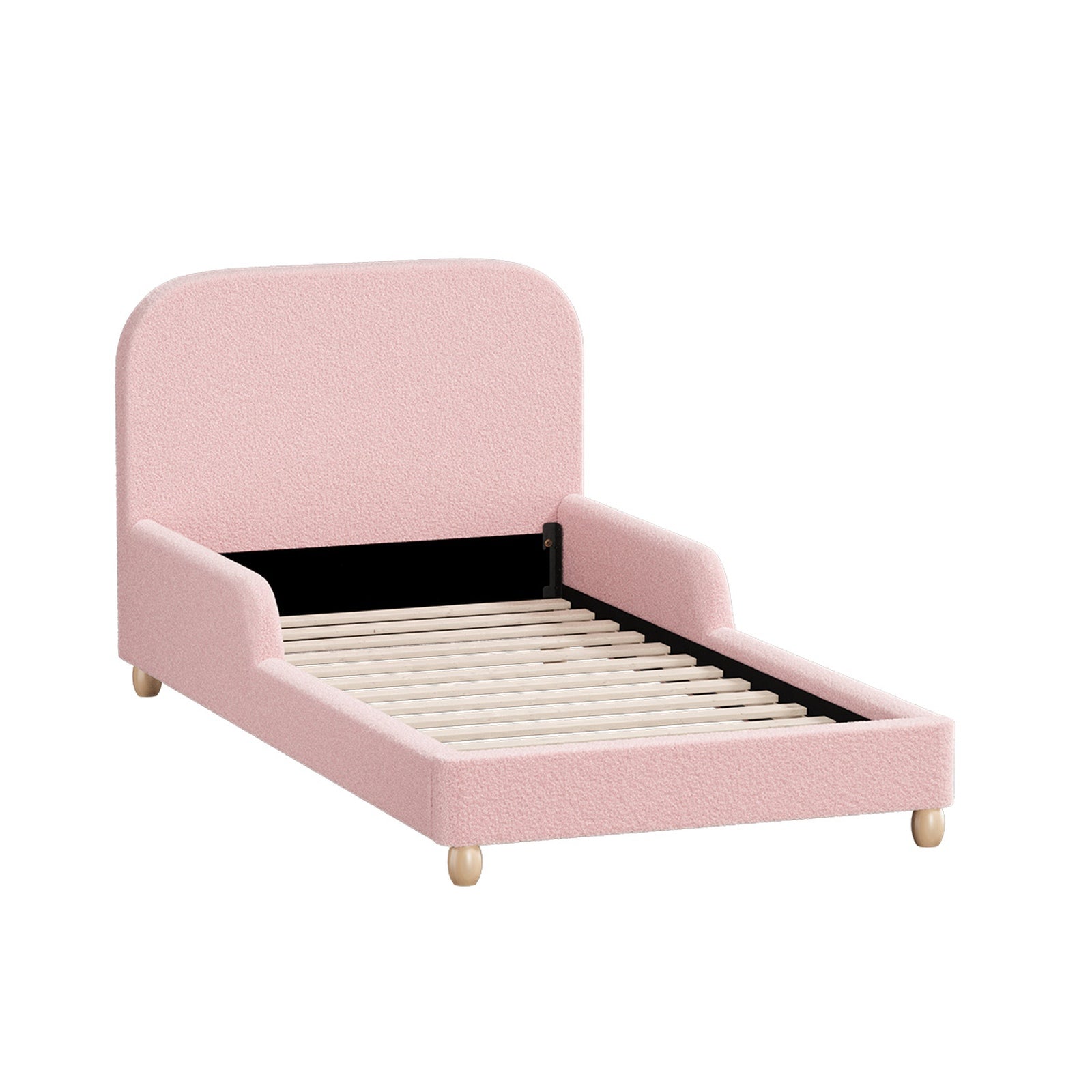 Oikiture Kids Bed Frame Double Single Size Side Guard Rails Boucle Pink