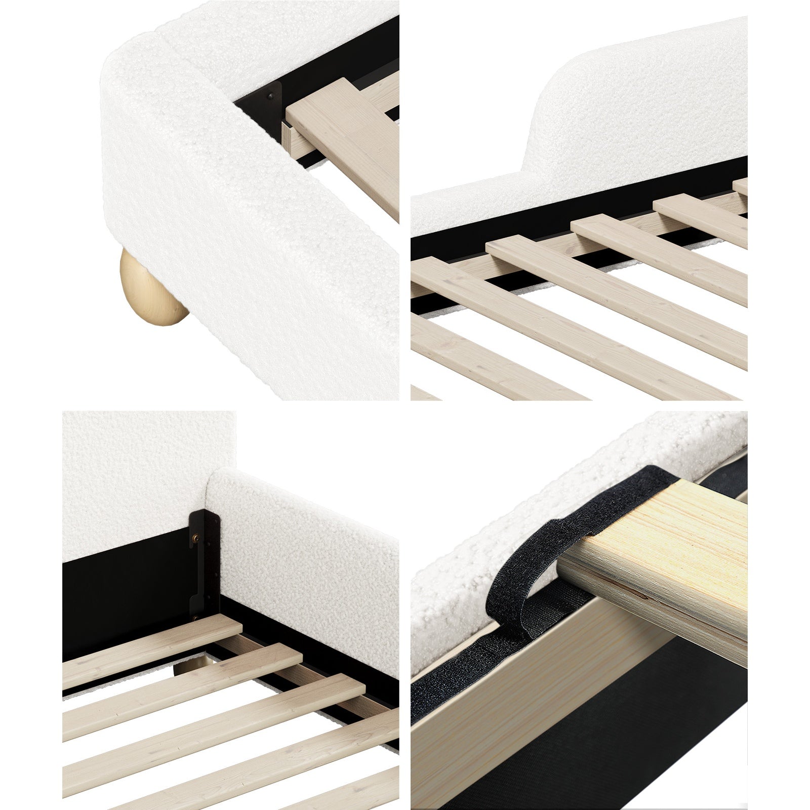 Oikiture Kids Bed Frame Single Size Base with Side Guard Rails Boucle White