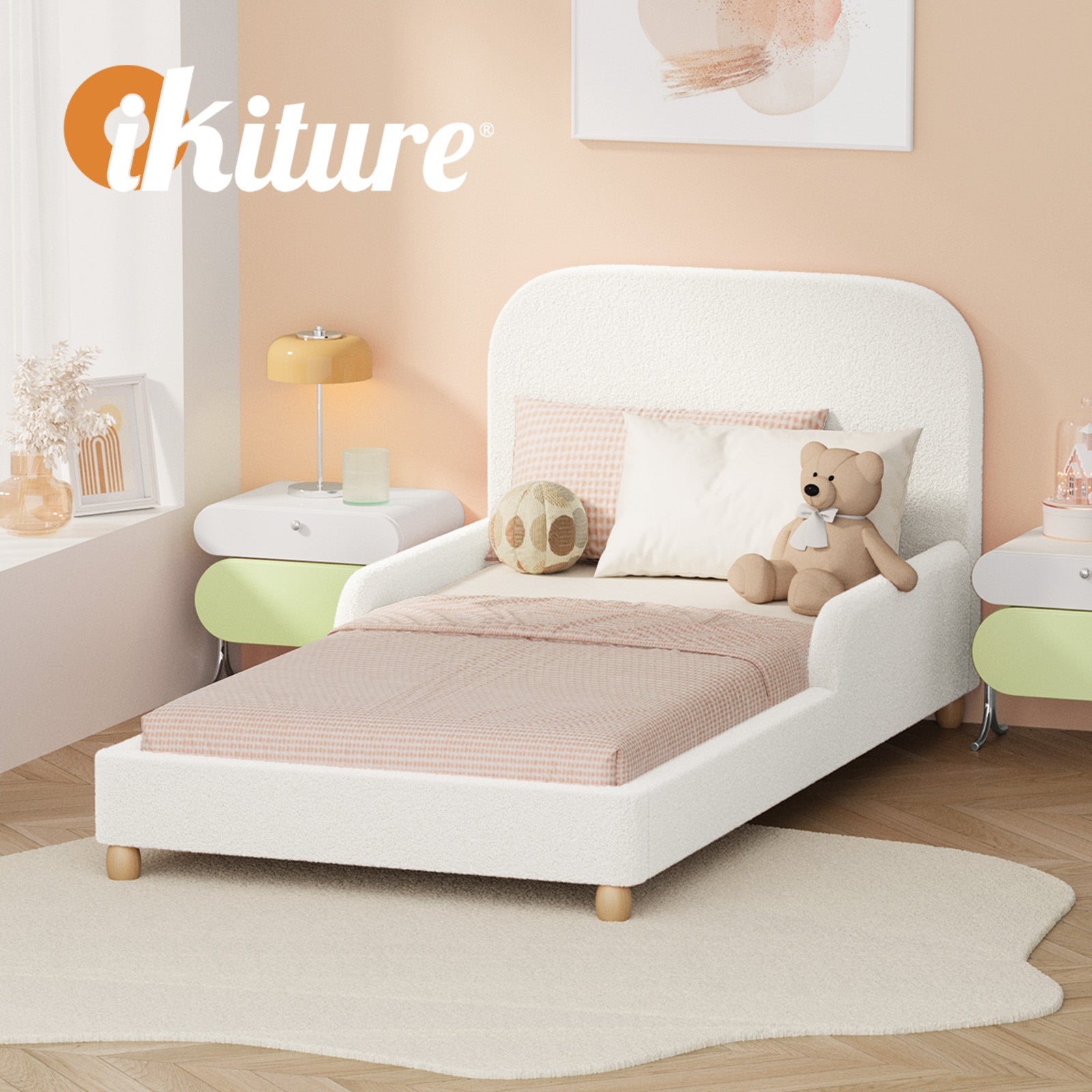 Oikiture Kids Bed Frame Single Size Base with Side Guard Rails Boucle White