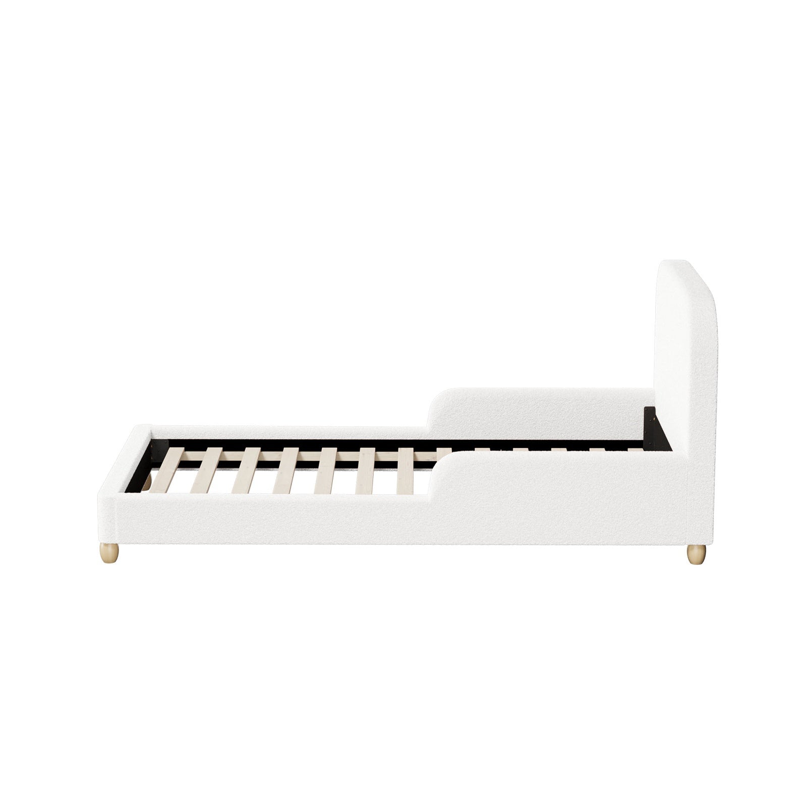 Oikiture Kids Bed Frame Single Size Base with Side Guard Rails Boucle White