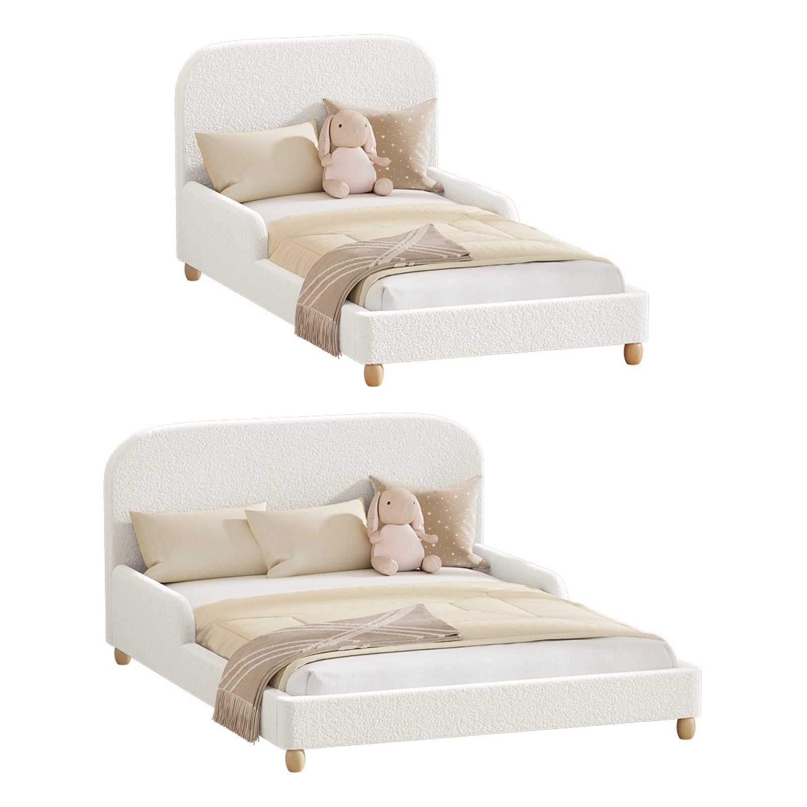 Oikiture Kids Bed Frame Double Single Size Side Guard Rails Boucle White