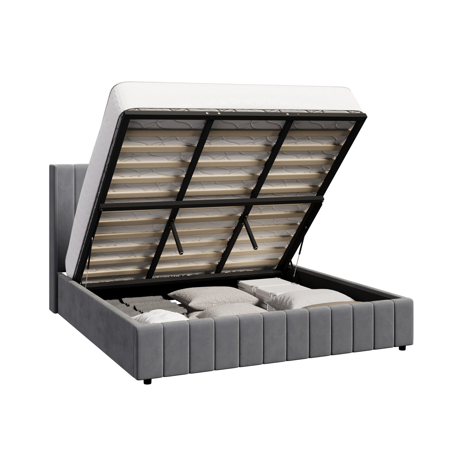 Oikiture Bed Frame King Size Gas Lift Base with Storage Velvet Grey - Sunyee