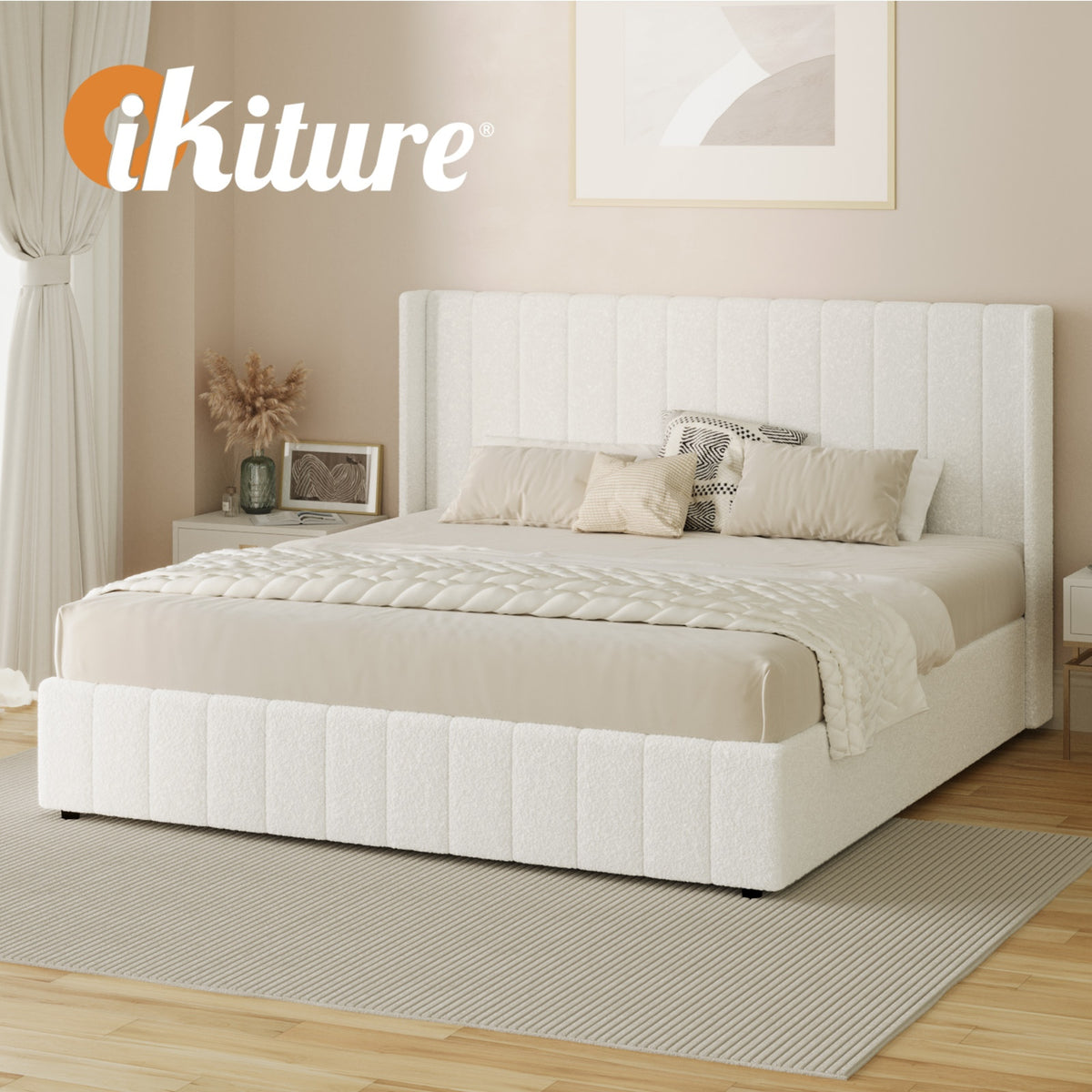 Oikiture Bed Frame King Size Gas Lift Base with Storage Boucle Fabric White - Sunyee