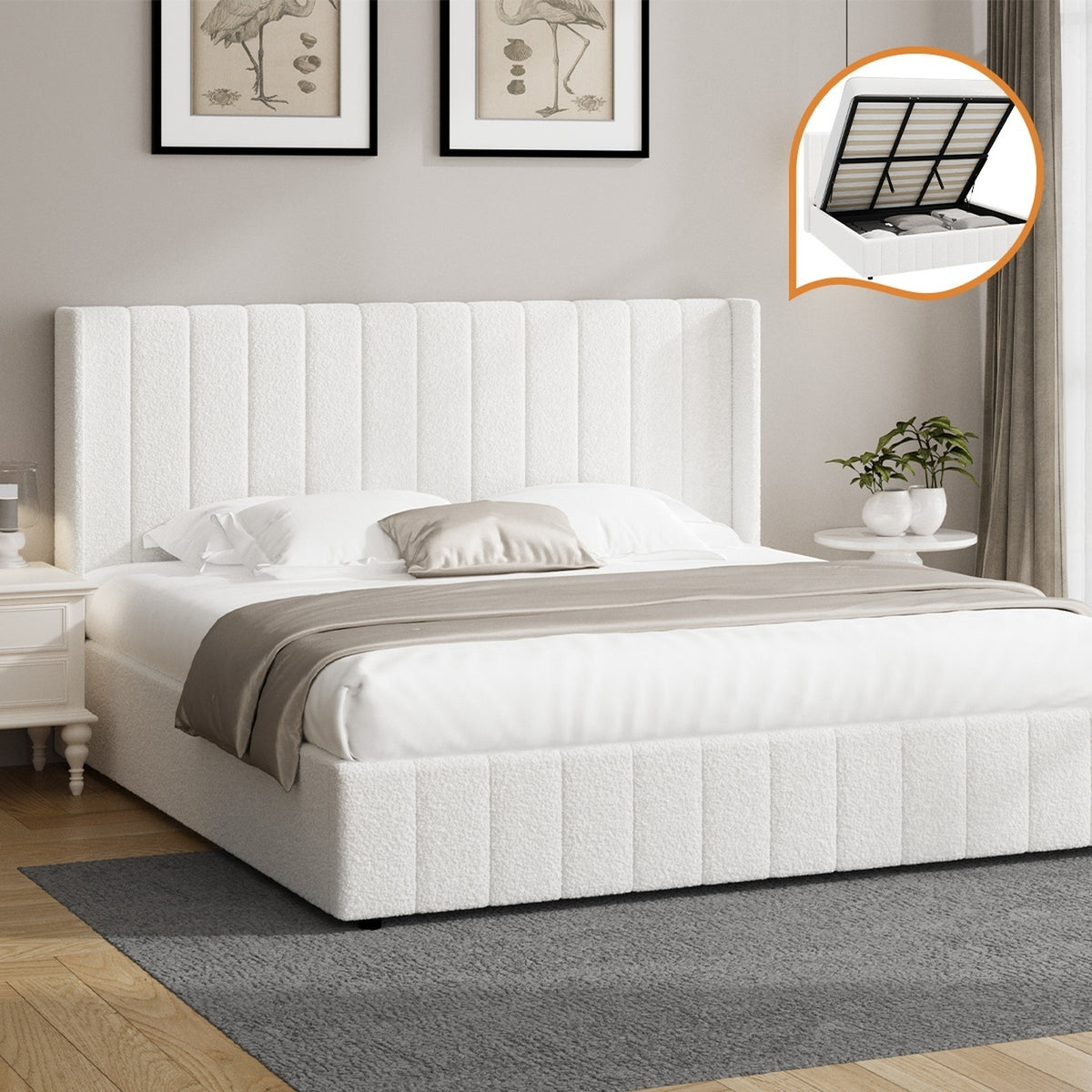 Oikiture Bed Frame King Size Gas Lift Base with Storage Boucle Fabric White - Sunyee