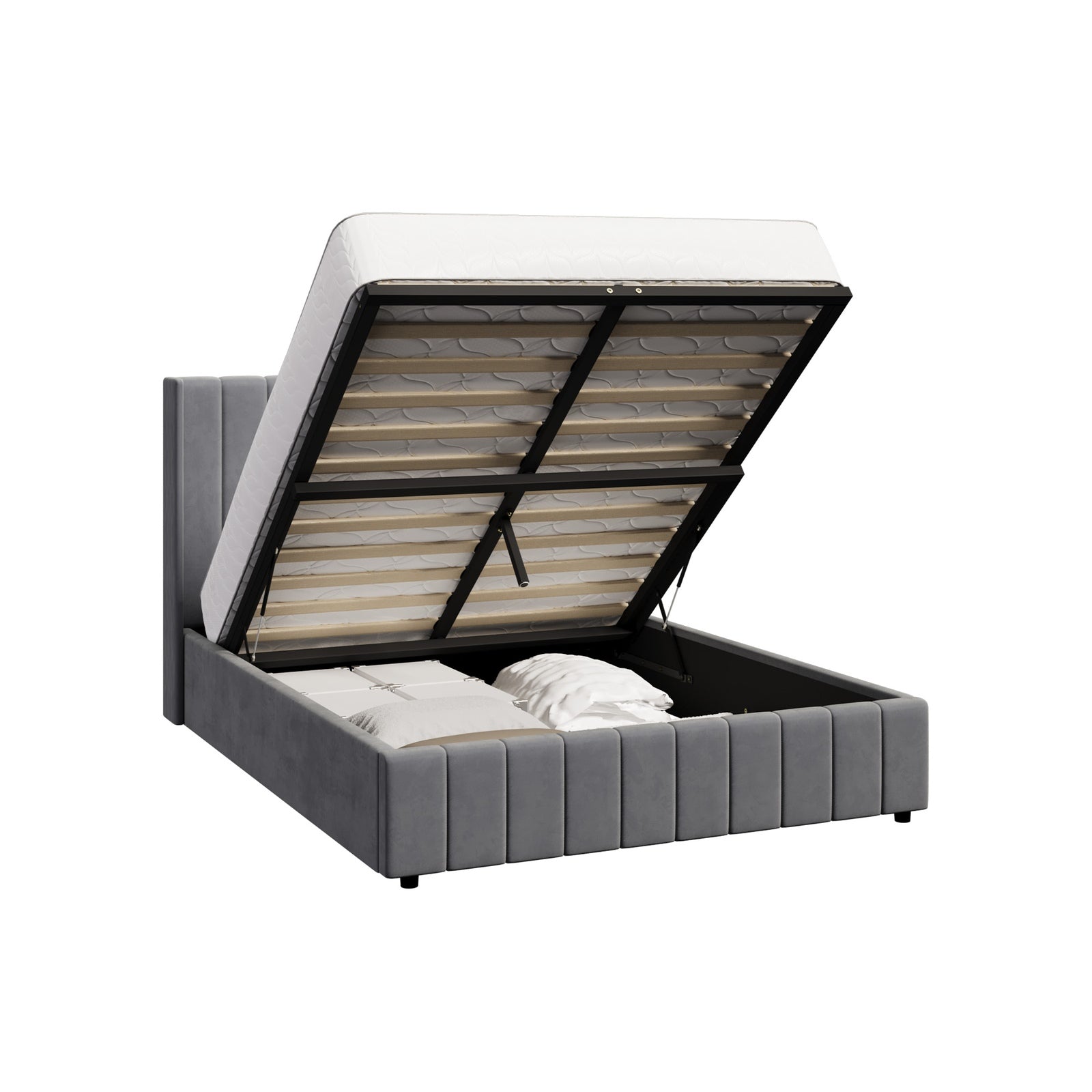Oikiture Bed Frame Queen Size Gas Lift Base with Storage Velvet Grey - Sunyee