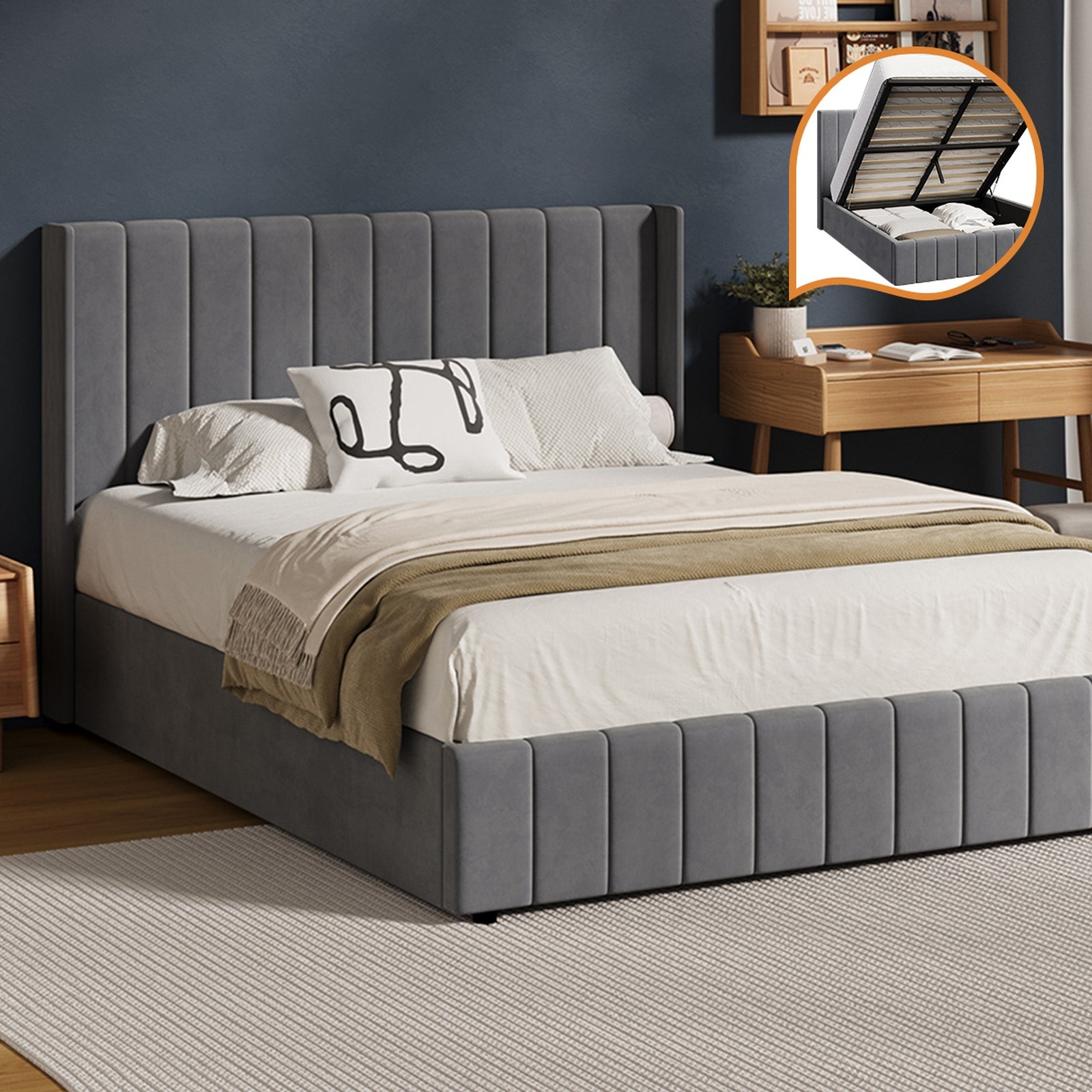 Oikiture Bed Frame Queen Size Gas Lift Base with Storage Velvet Grey - Sunyee