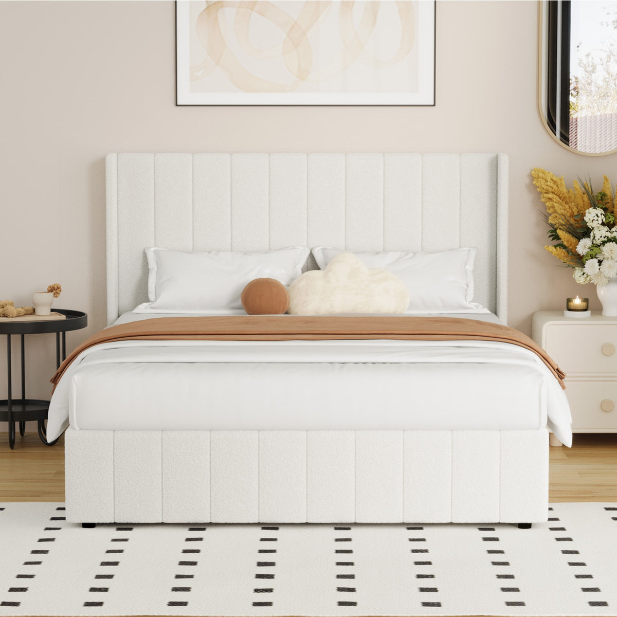 Oikiture Bed Frame Queen Size Gas Lift Base with Storage Boucle Fabric White - Sunyee