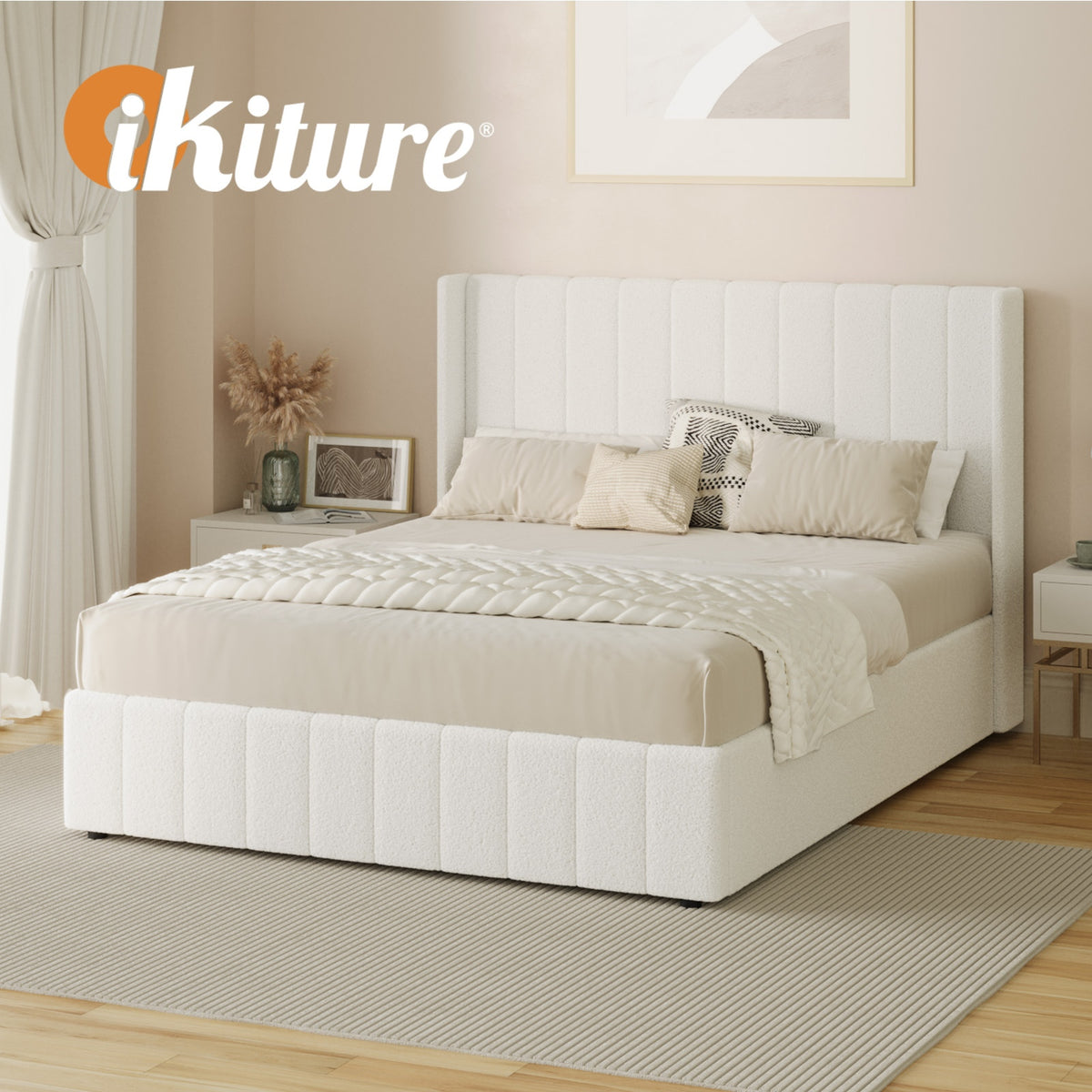 Oikiture Bed Frame Queen Size Gas Lift Base with Storage Boucle Fabric White - Sunyee