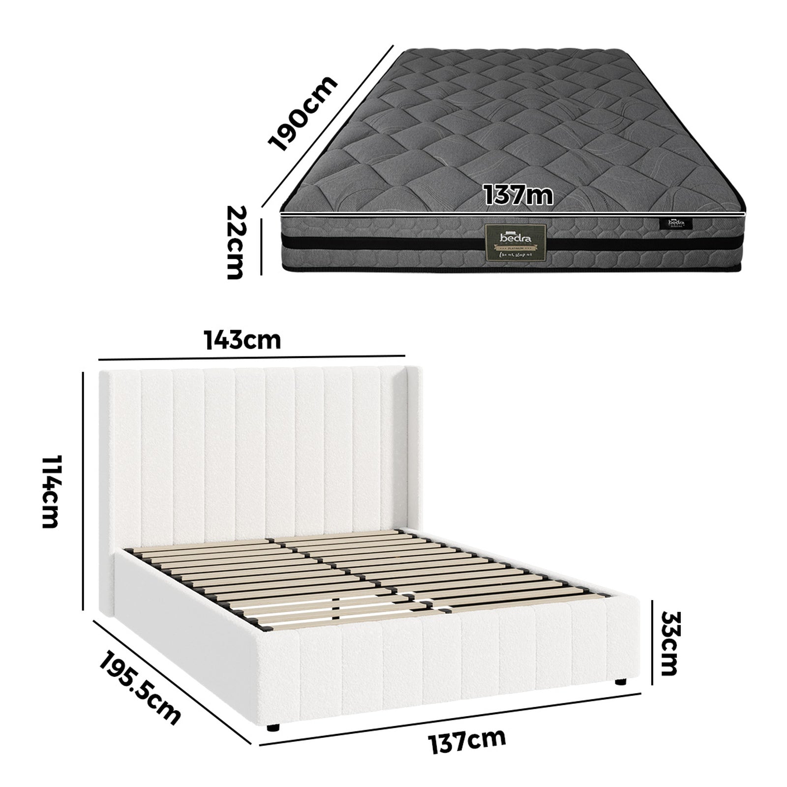 Oikiture Bed Frame Double Size Gas Lift Storage Boucle Beds W/ Mattress Set BILY - Sunyee