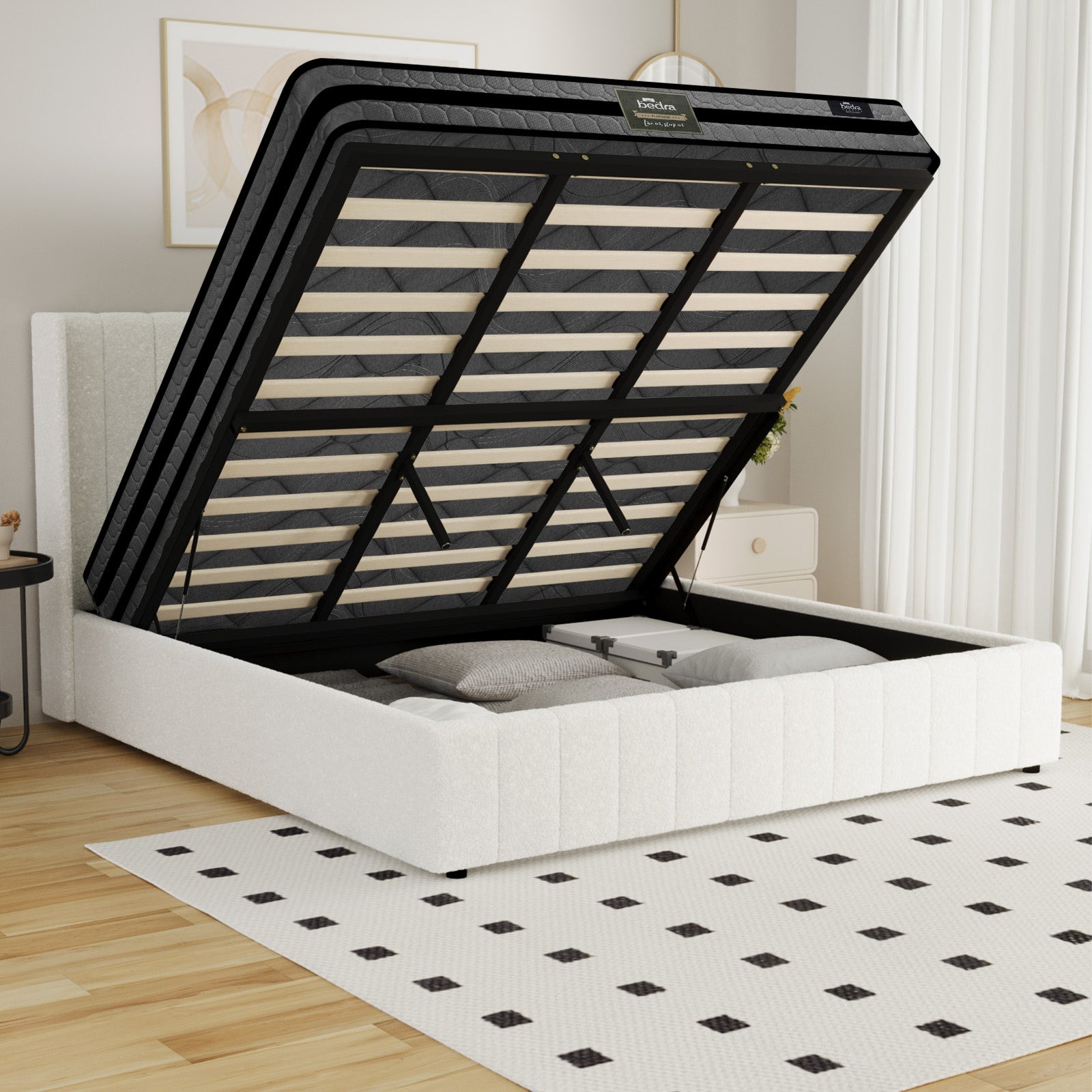 Oikiture Bed Frame King Size Gas Lift Storage Boucle Beds W/ Mattress Set BILY - Sunyee