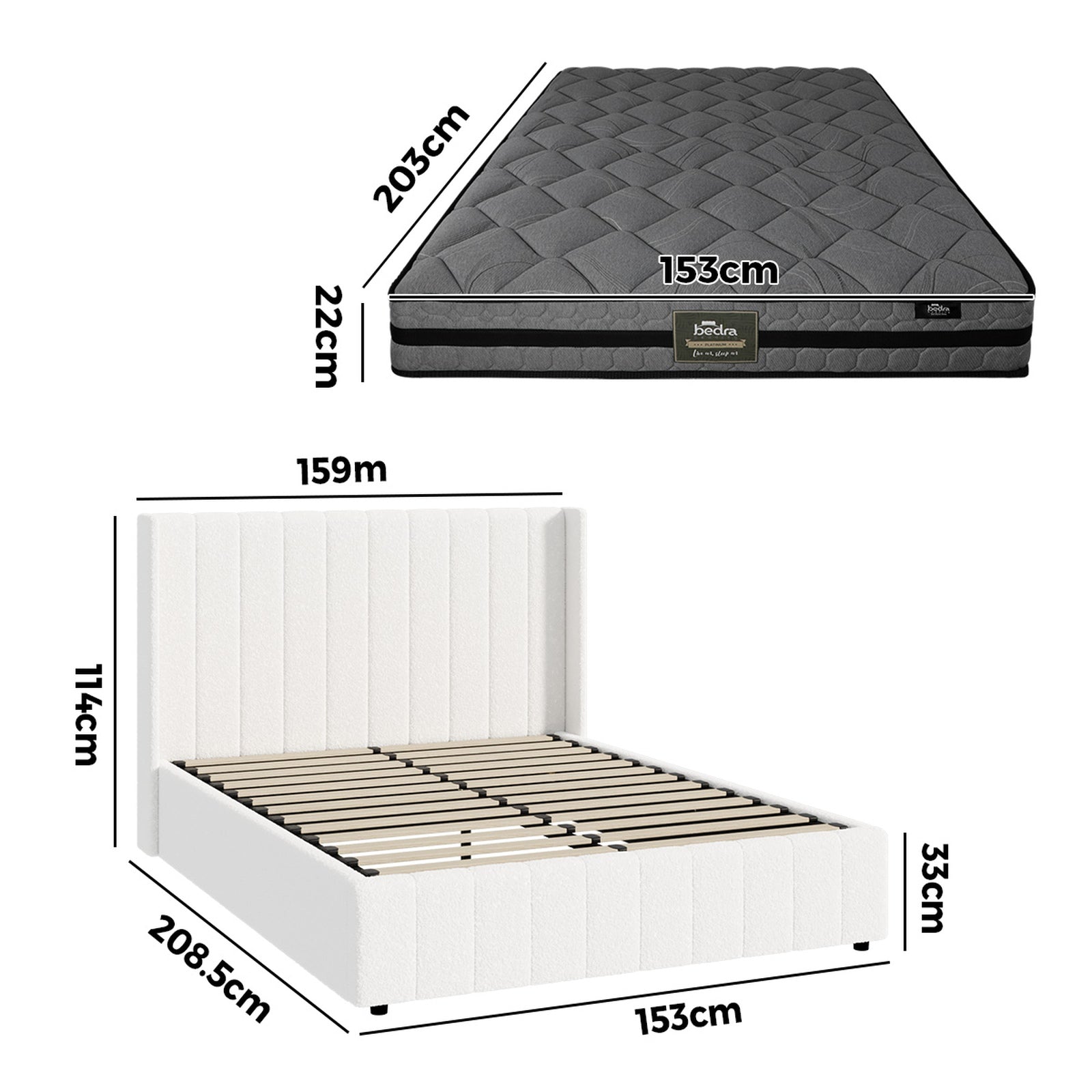 Oikiture Bed Frame Queen Size Gas Lift Storage Boucle Beds W/ Mattress Set BILY - Sunyee