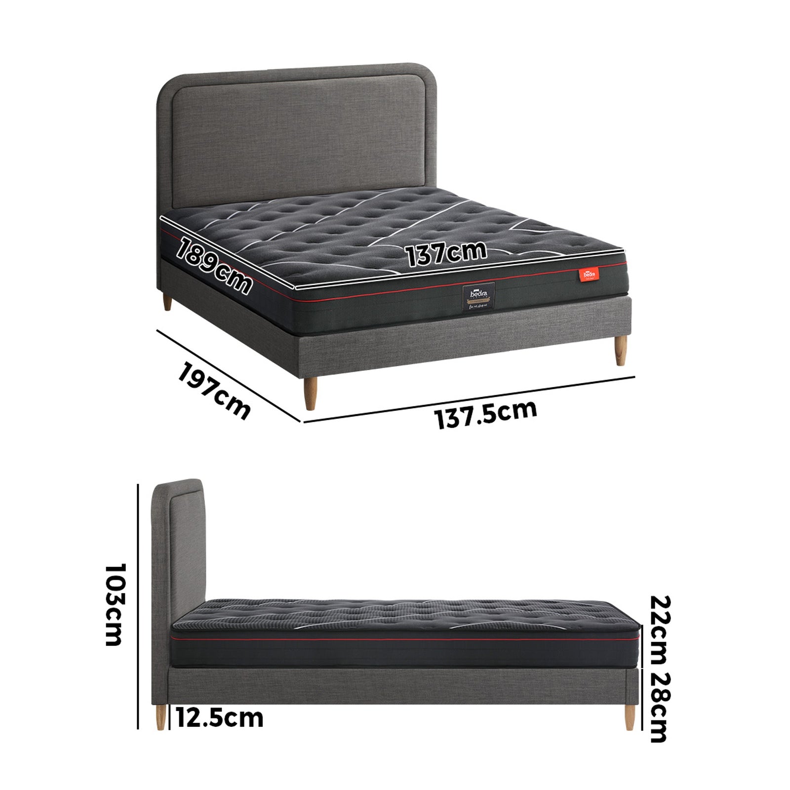 Oikiture Bed Frame Double Size Beds Platform Base with Mattress Grey Fabric - Sunyee