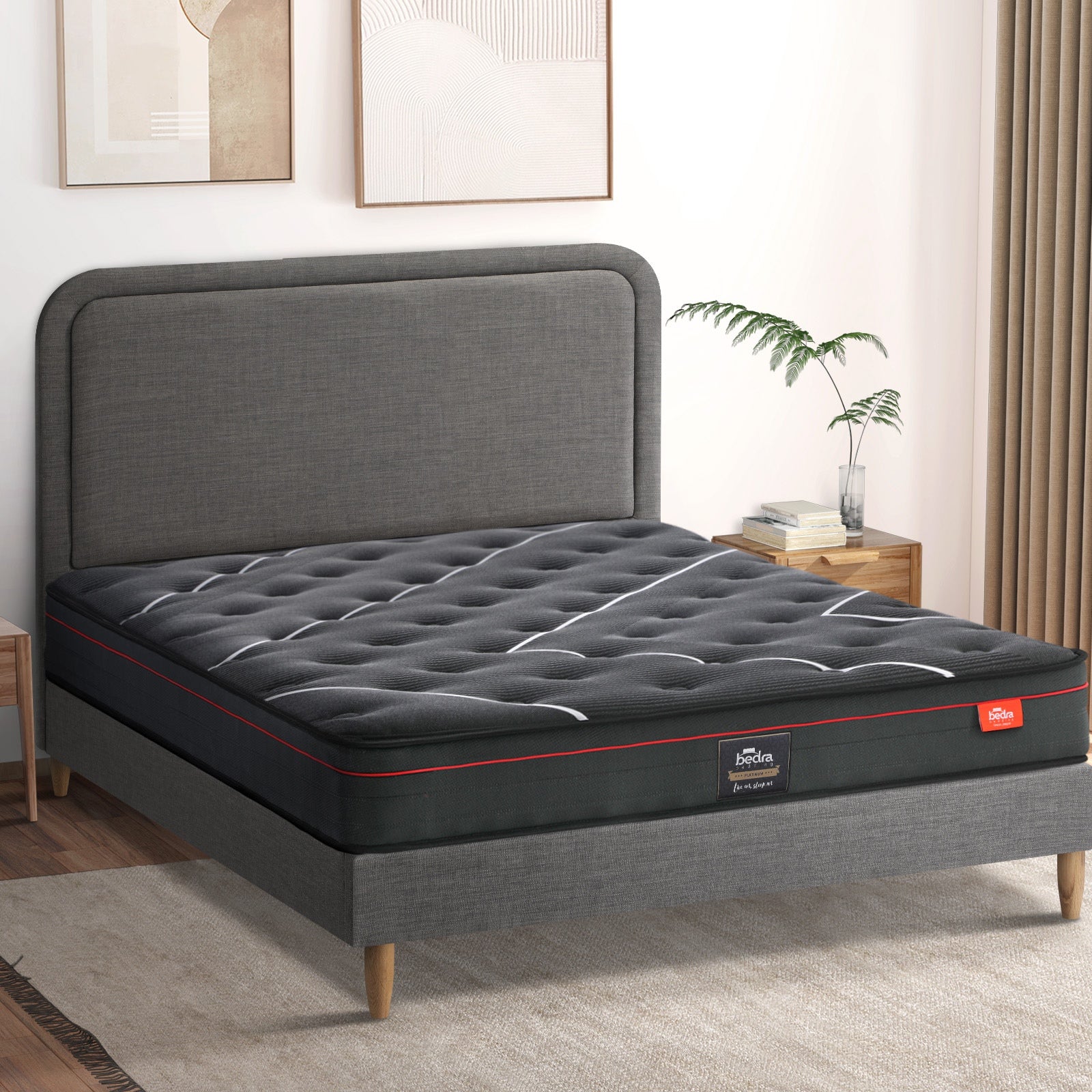 Oikiture Bed Frame Queen Size Beds Platform Base with Mattress Grey Fabric - Sunyee