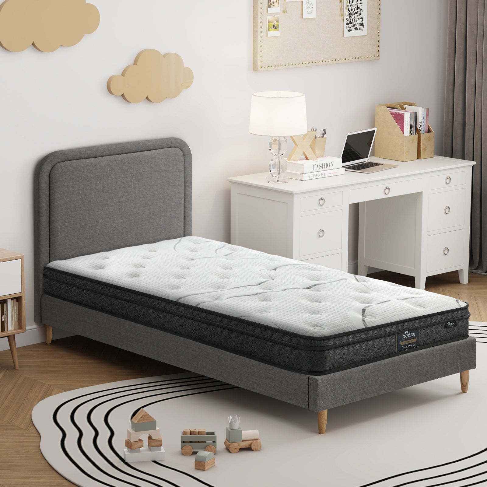Oikiture Bed Frame Single Size Platform Base with Bonnell Spring Mattress Grey - Sunyee