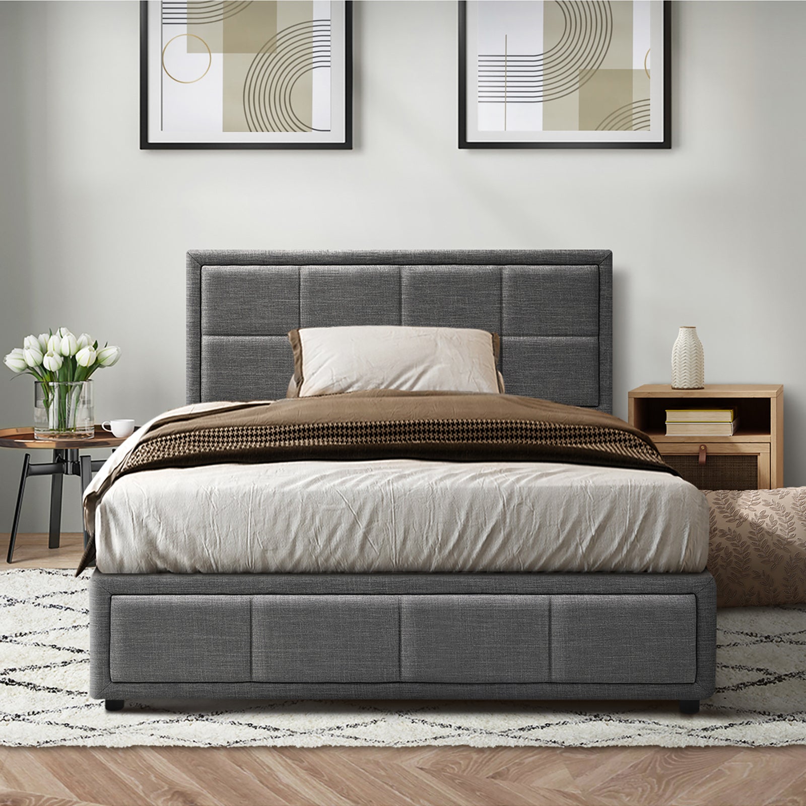 Oikiture Bed Frame King Single Gas Lift Storage Base Fabric Grey - Sunyee
