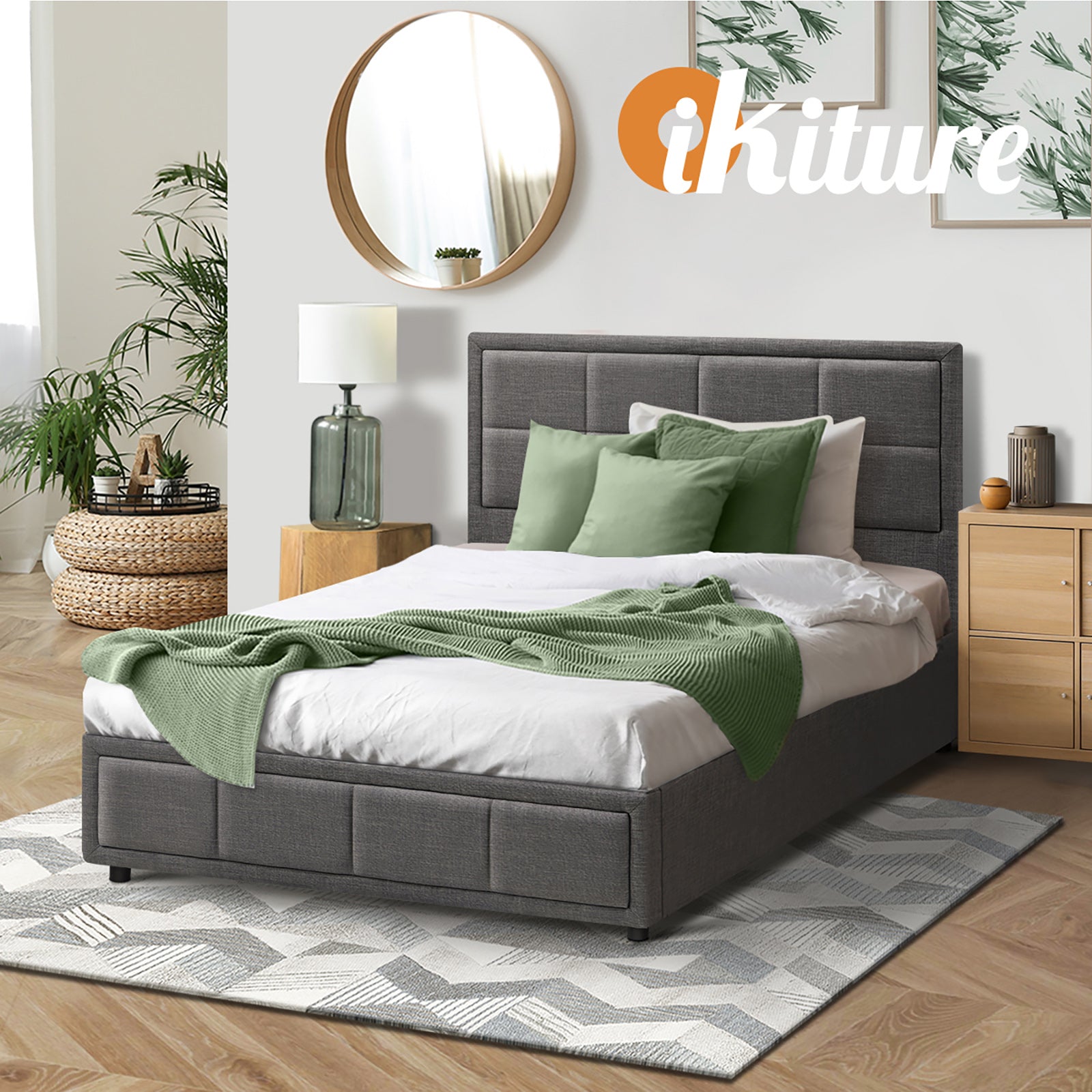 Oikiture Bed Frame King Single Gas Lift Storage Base Fabric Grey - Sunyee