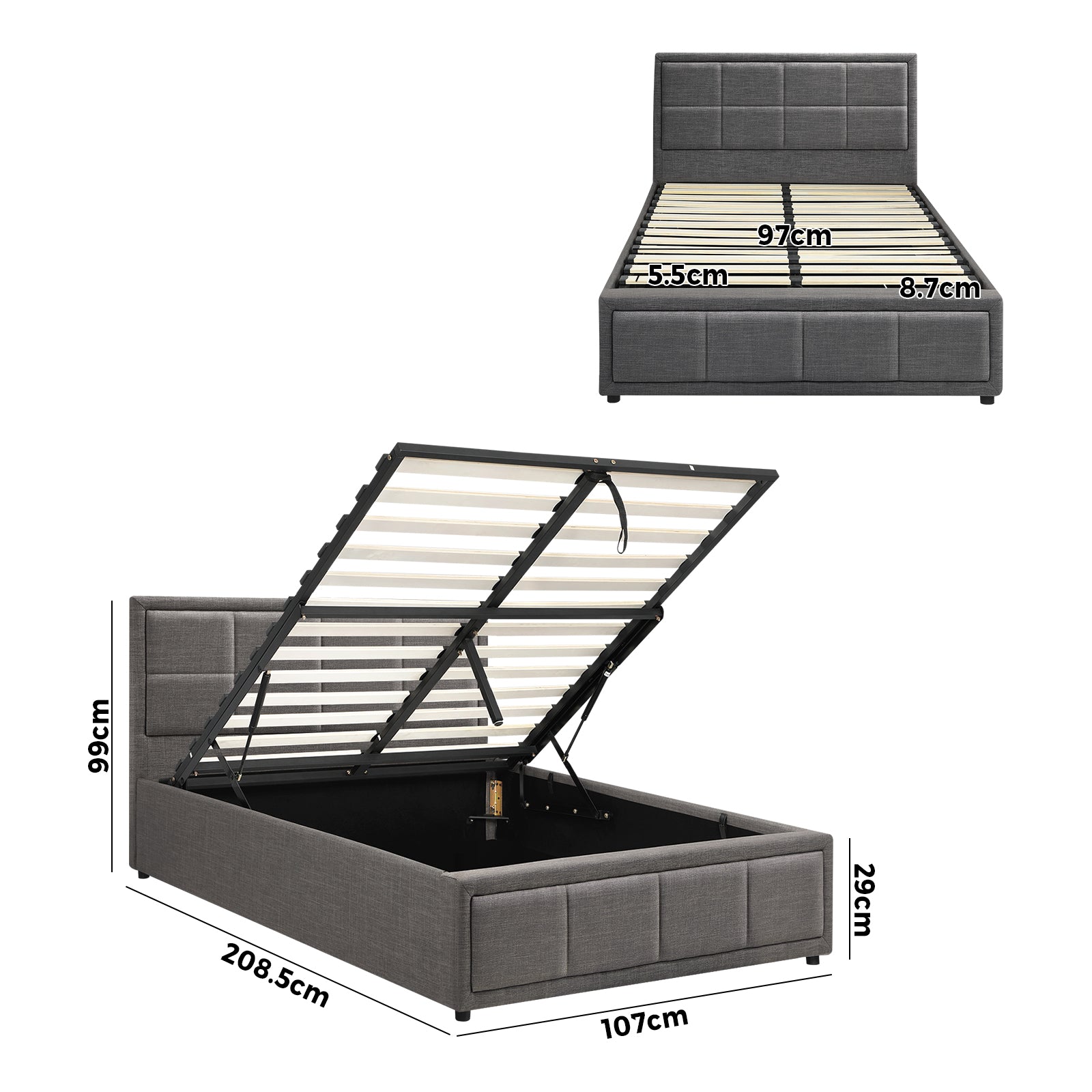 Oikiture Bed Frame King Single Gas Lift Storage Base Fabric Grey - Sunyee