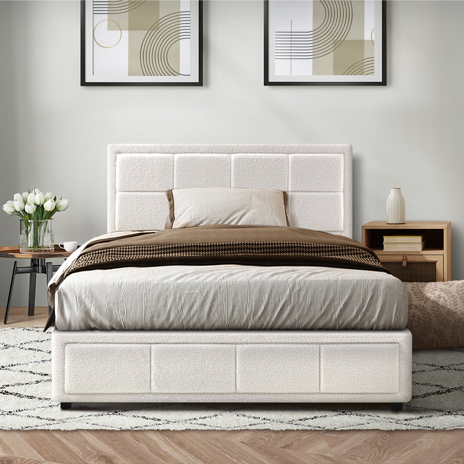 Oikiture Bed Frame King Single Gas Lift Storage Bed Platform Boucle White - Sunyee