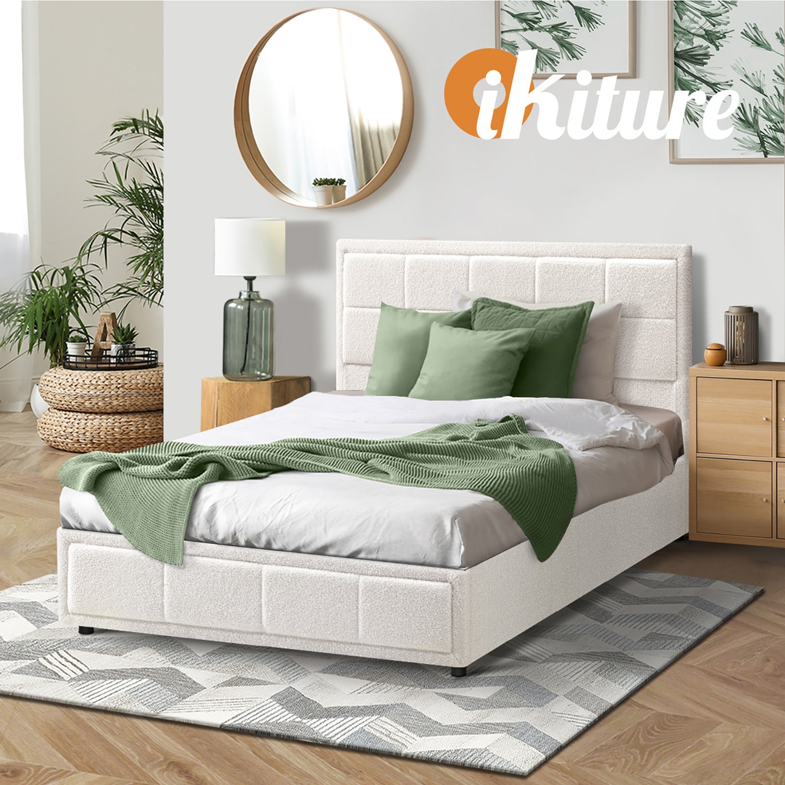 Oikiture Bed Frame King Single Gas Lift Storage Bed Platform Boucle White - Sunyee