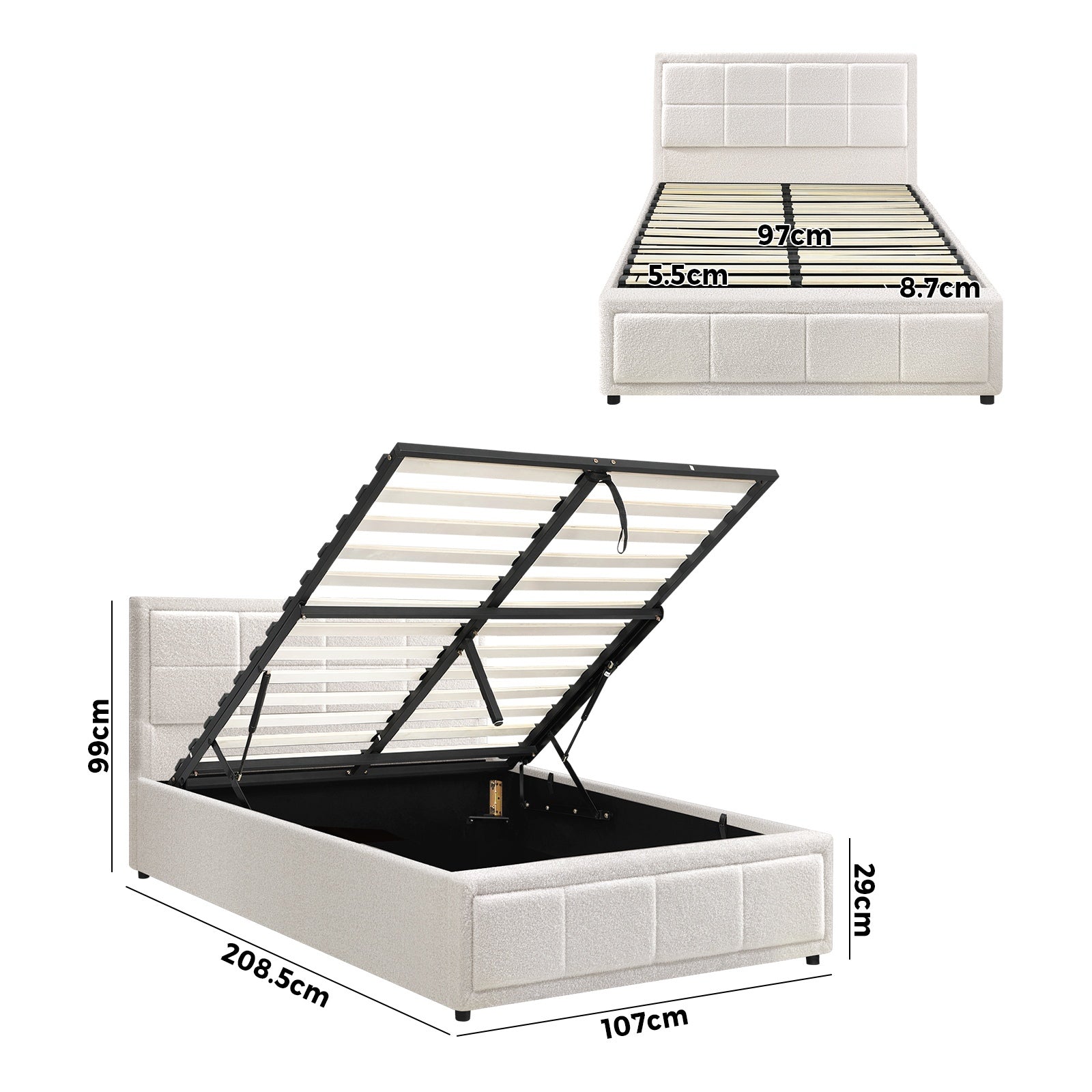 Oikiture Bed Frame King Single Gas Lift Storage Bed Platform Boucle White - Sunyee