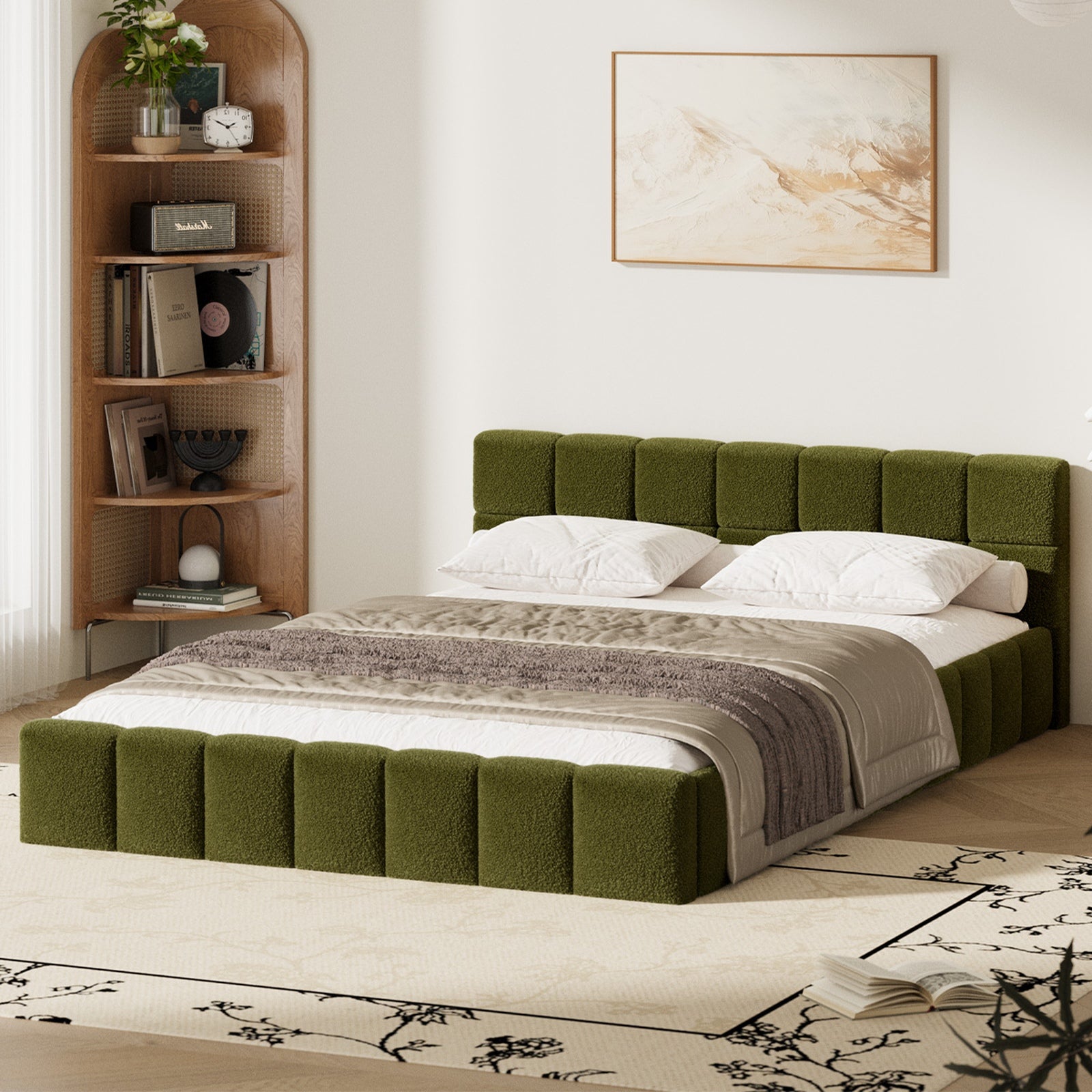 Oikiture Bed Frame Double Size Tufted Headboard Green Boucle - Sunyee