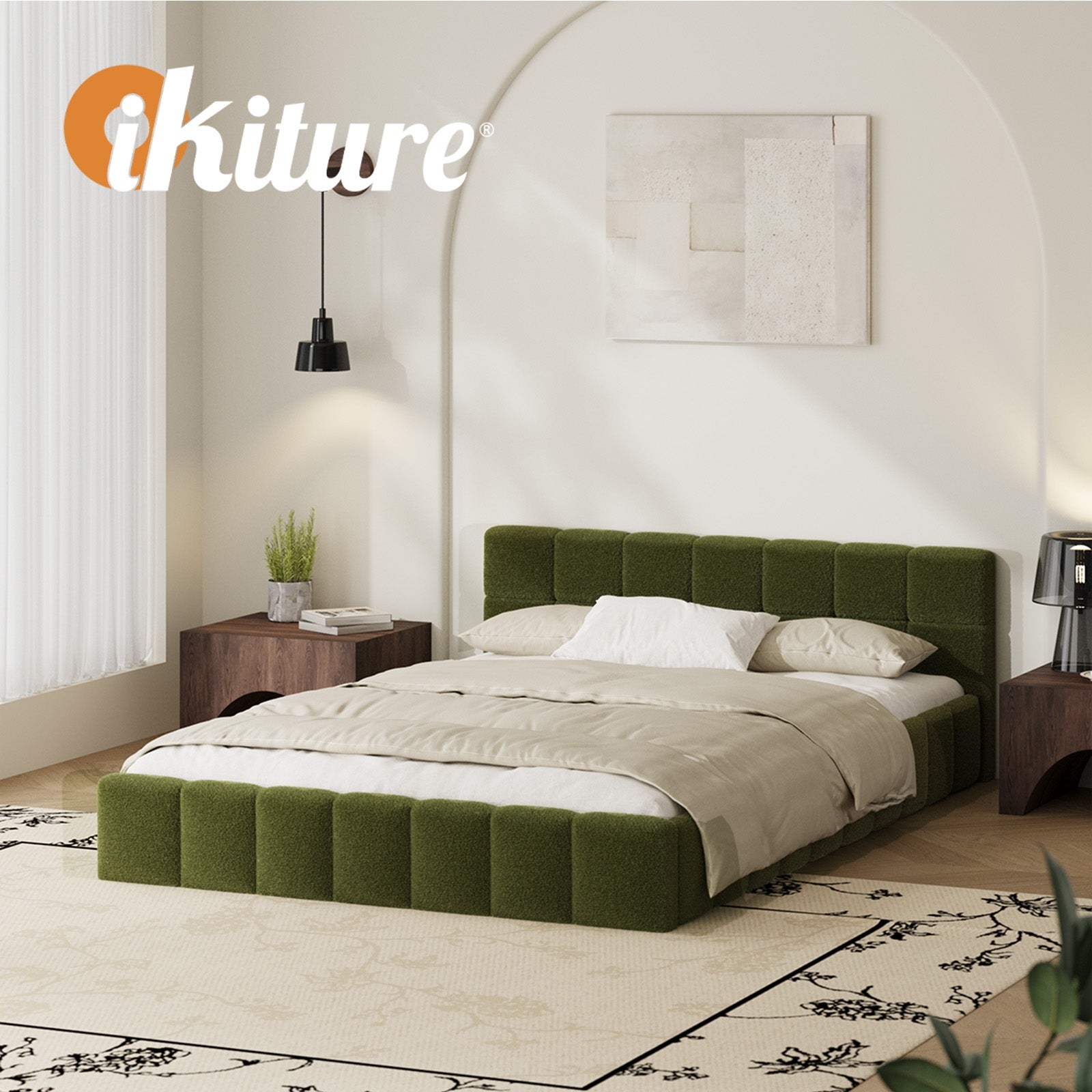 Oikiture Bed Frame Double Size Tufted Headboard Green Boucle - Sunyee