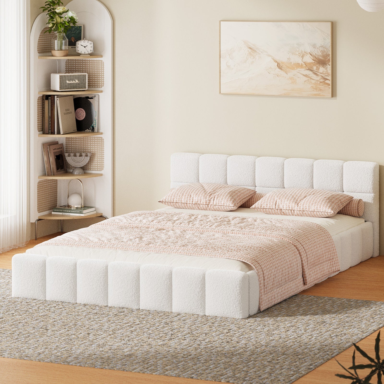 Oikiture Bed Frame Double Size Tufted Headboard White Boucle - Sunyee