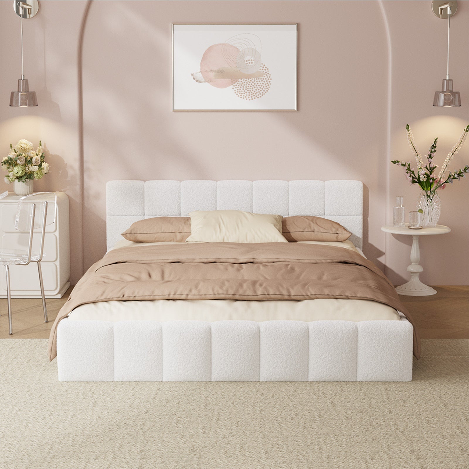 Oikiture Bed Frame Double Size Tufted Headboard White Boucle - Sunyee
