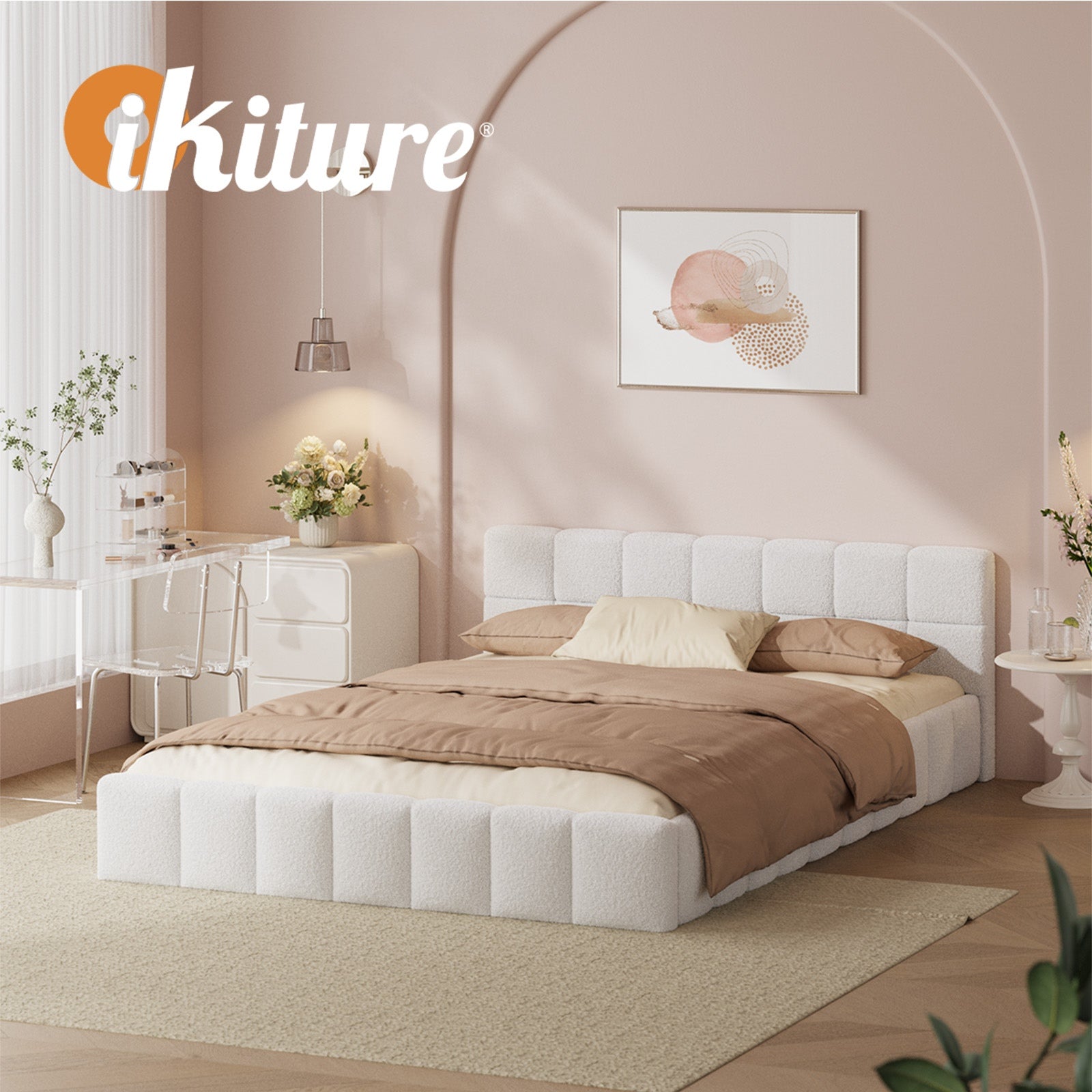Oikiture Bed Frame Double Size Tufted Headboard White Boucle - Sunyee