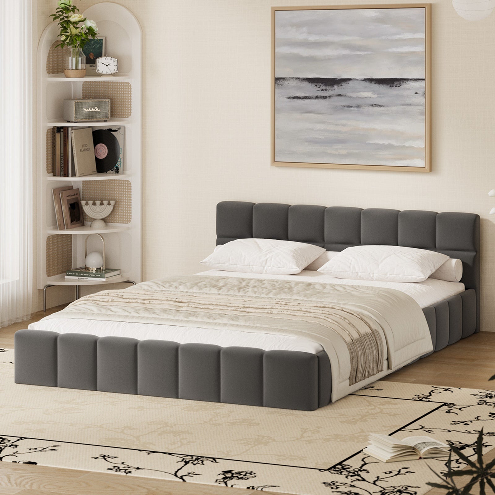 Oikiture Bed Frame Double Size Tufted Headboard Grey Velvet - Sunyee