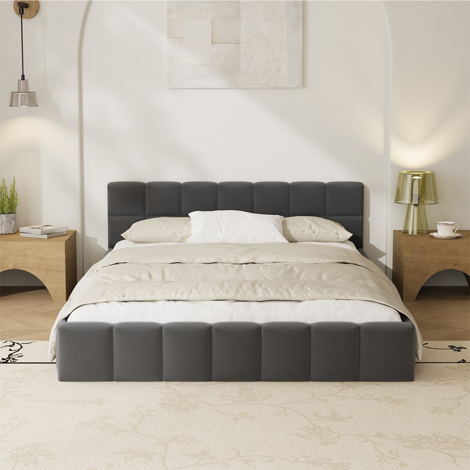 Oikiture Bed Frame Double Size Tufted Headboard Grey Velvet - Sunyee