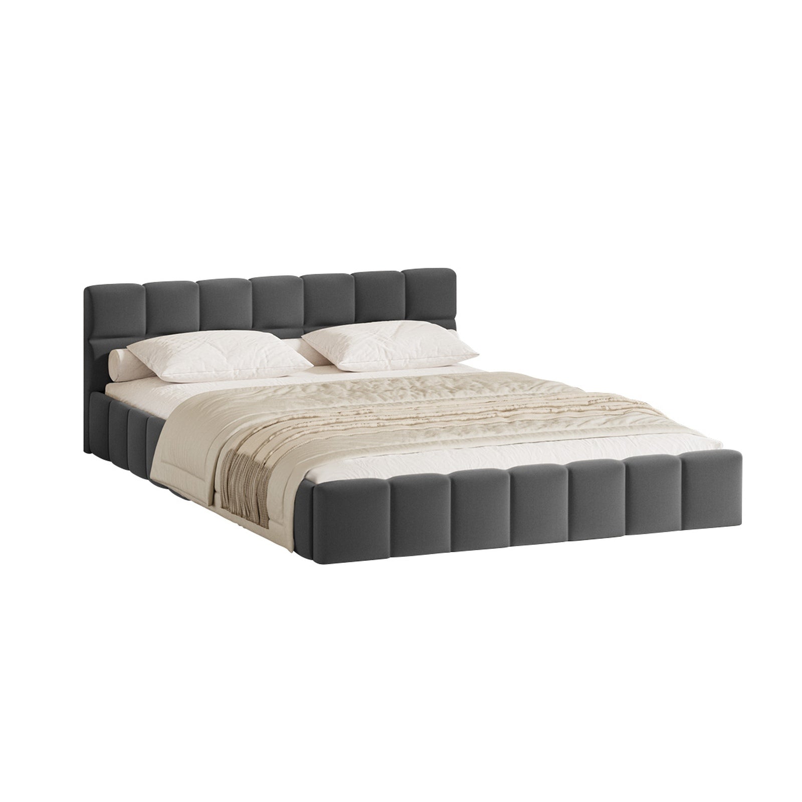 Oikiture Bed Frame Double Size Tufted Headboard Grey Velvet - Sunyee