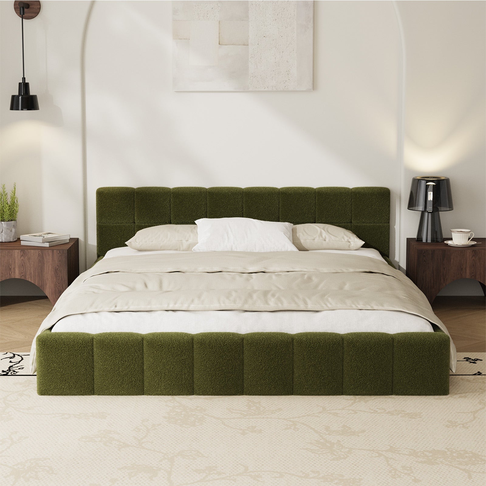 Oikiture Bed Frame Queen Double King Single Size Tufted Headboard Green Boucle - Sunyee