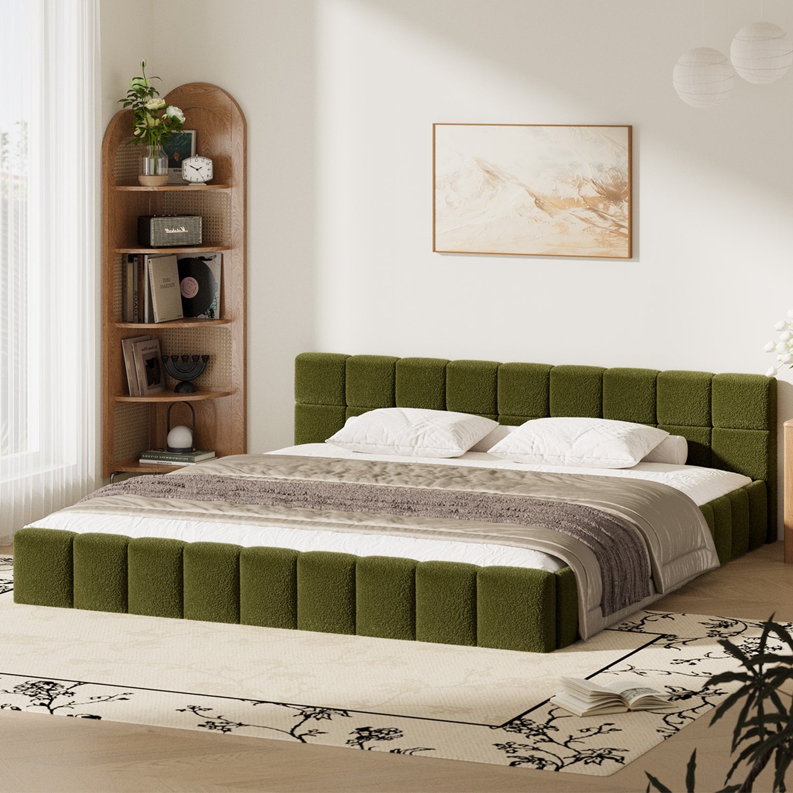 Oikiture Bed Frame King Size Tufted Headboard Green Boucle - Sunyee