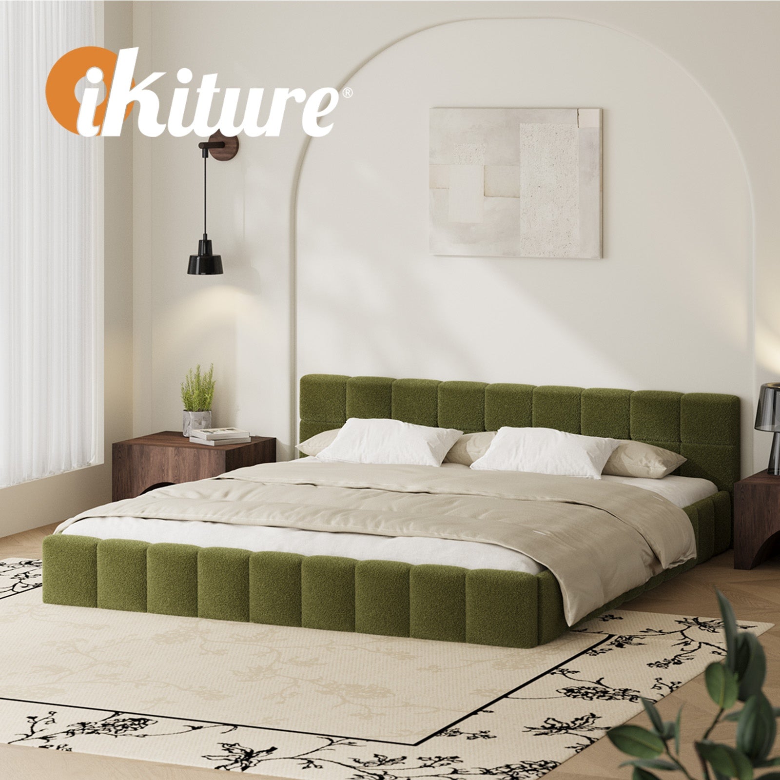 Oikiture Bed Frame King Size Tufted Headboard Green Boucle - Sunyee
