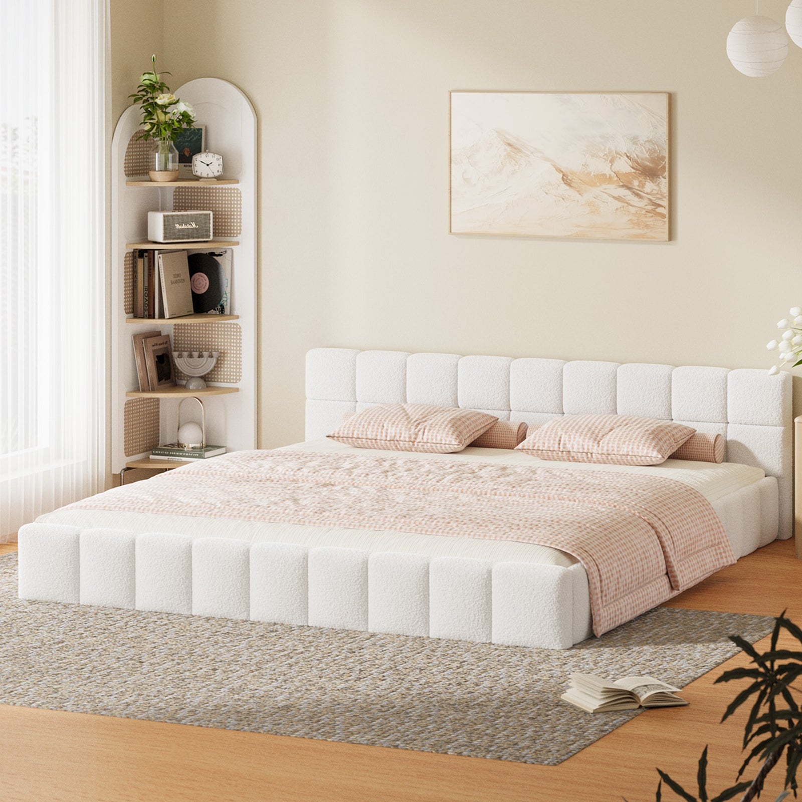 Oikiture Bed Frame King Size Tufted Headboard White Boucle - Sunyee