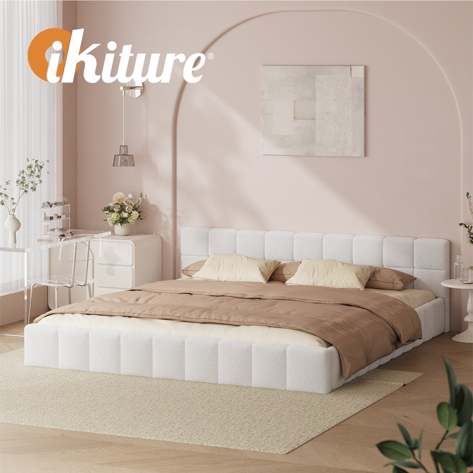 Oikiture Bed Frame King Size Tufted Headboard White Boucle - Sunyee