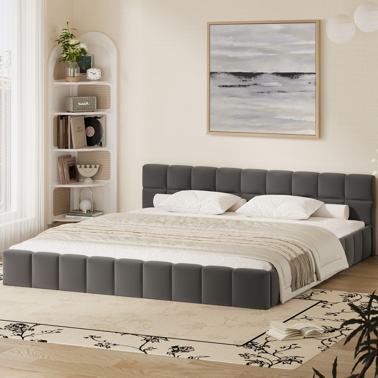 Oikiture Bed Frame King Size Tufted Headboard Grey Velvet - Sunyee