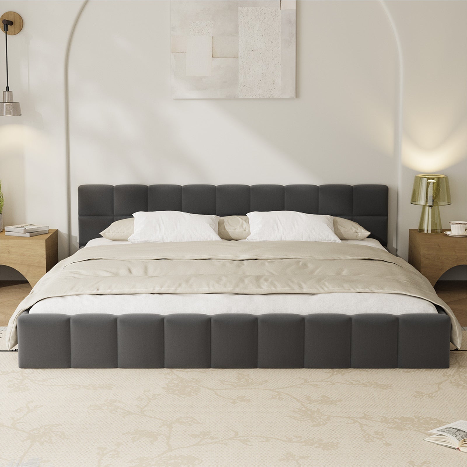 Oikiture Bed Frame King Size Tufted Headboard Grey Velvet - Sunyee