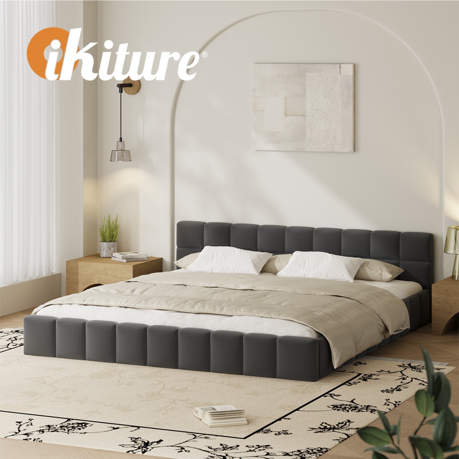 Oikiture Bed Frame King Size Tufted Headboard Grey Velvet - Sunyee
