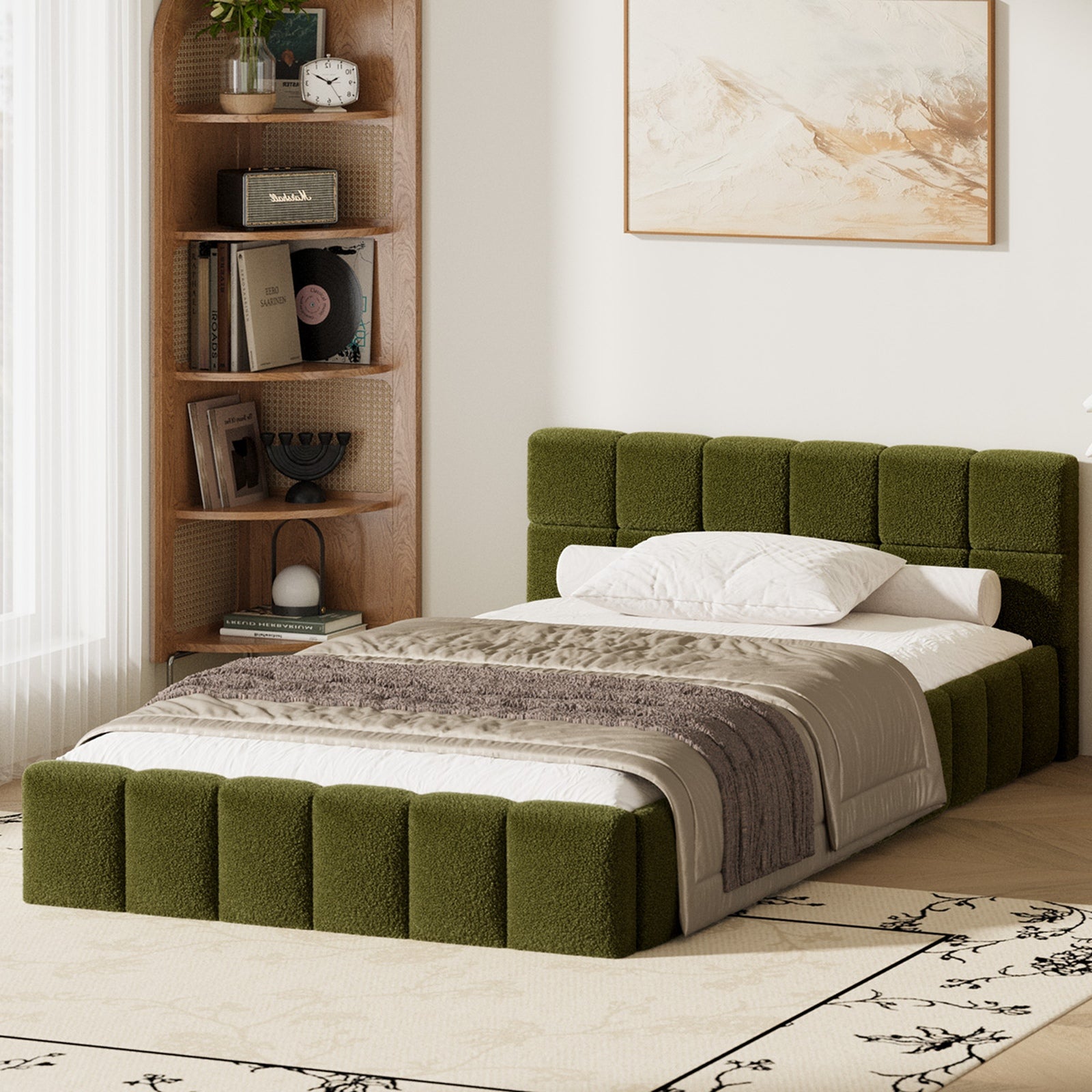 Oikiture Bed Frame King Single Size Tufted Headboard Green Boucle - Sunyee