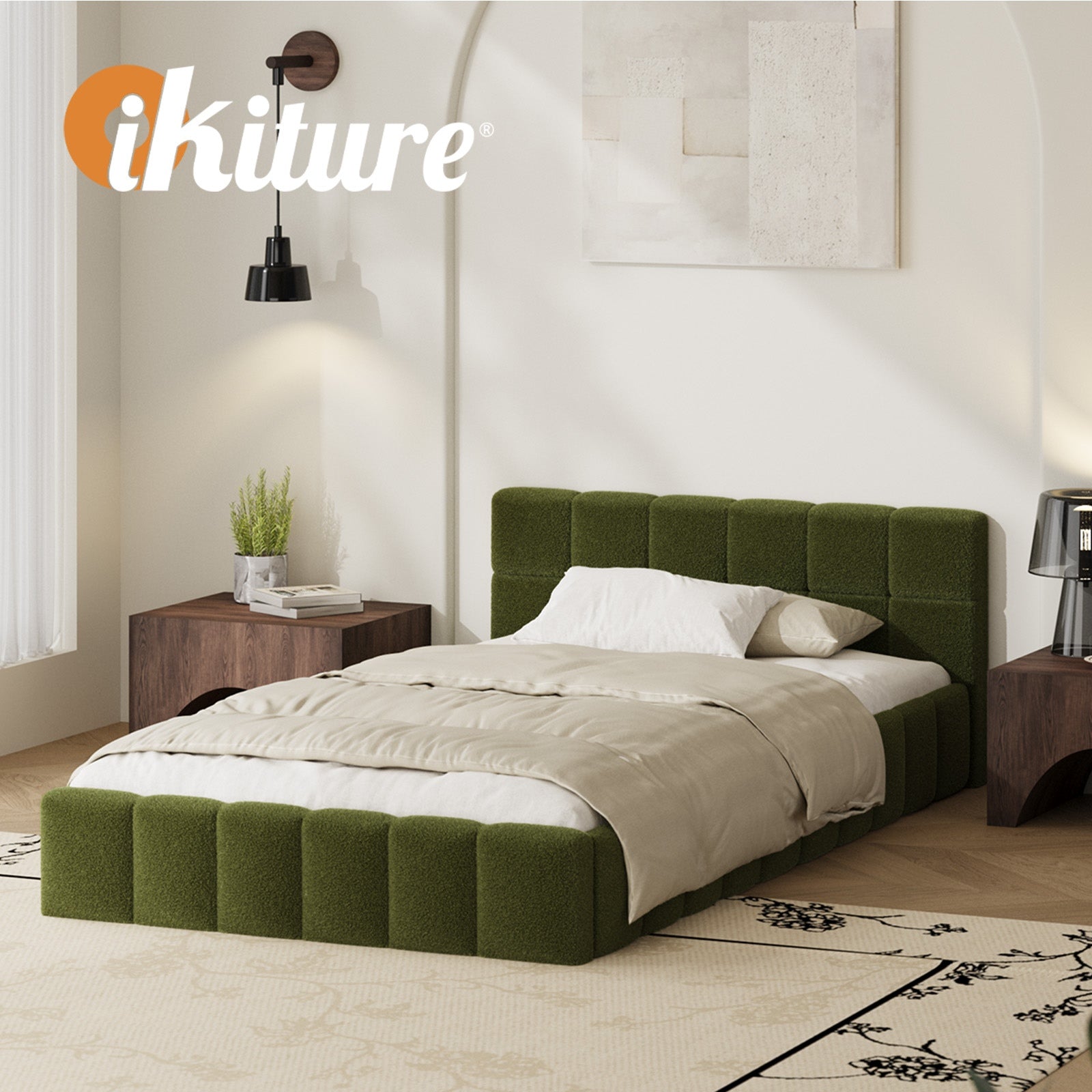 Oikiture Bed Frame King Single Size Tufted Headboard Green Boucle - Sunyee