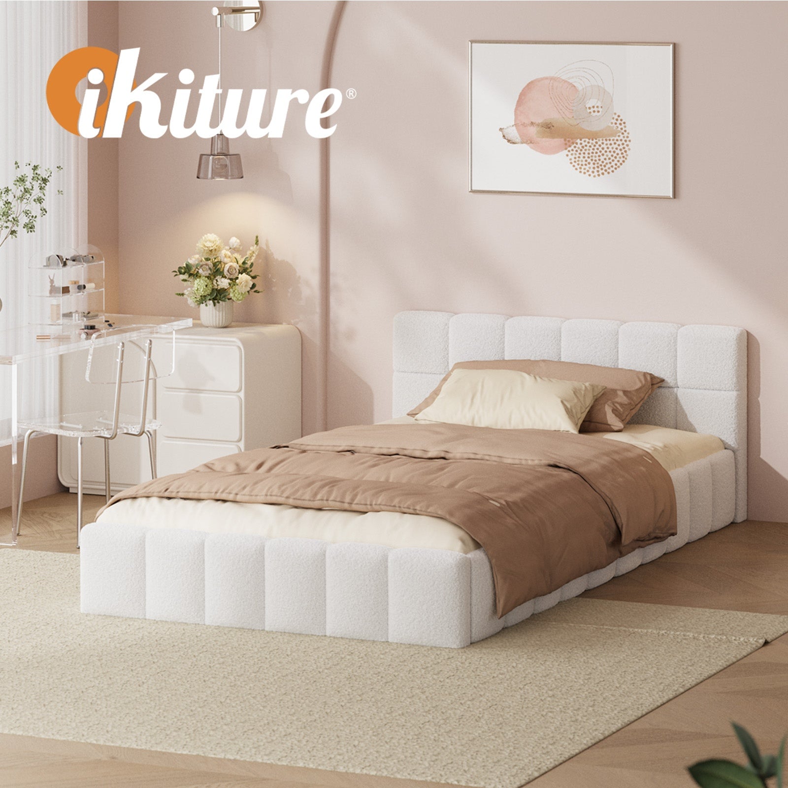 Oikiture Bed Frame King Single Size Tufted Headboard White Boucle - Sunyee