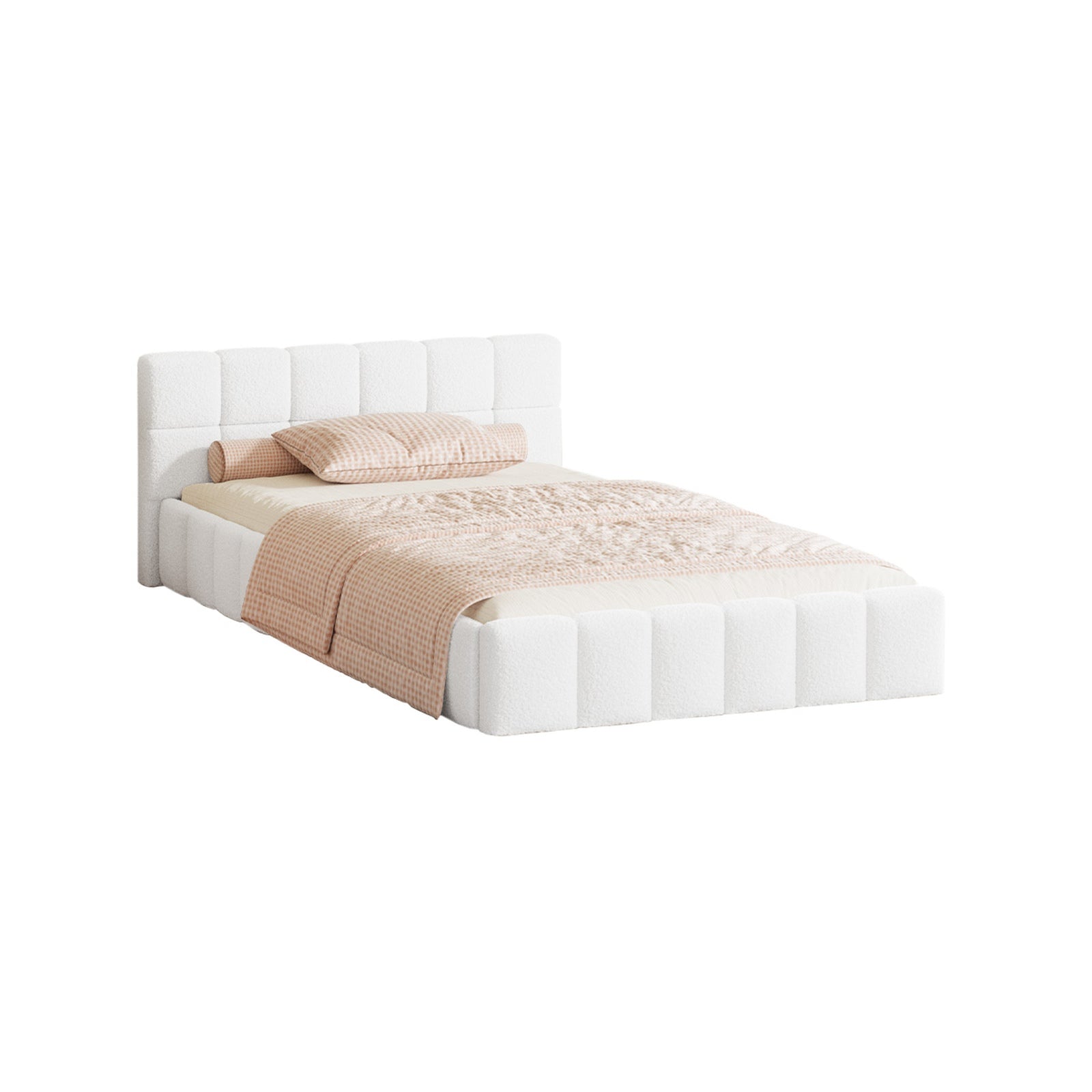 Oikiture Bed Frame King Single Size Tufted Headboard White Boucle - Sunyee