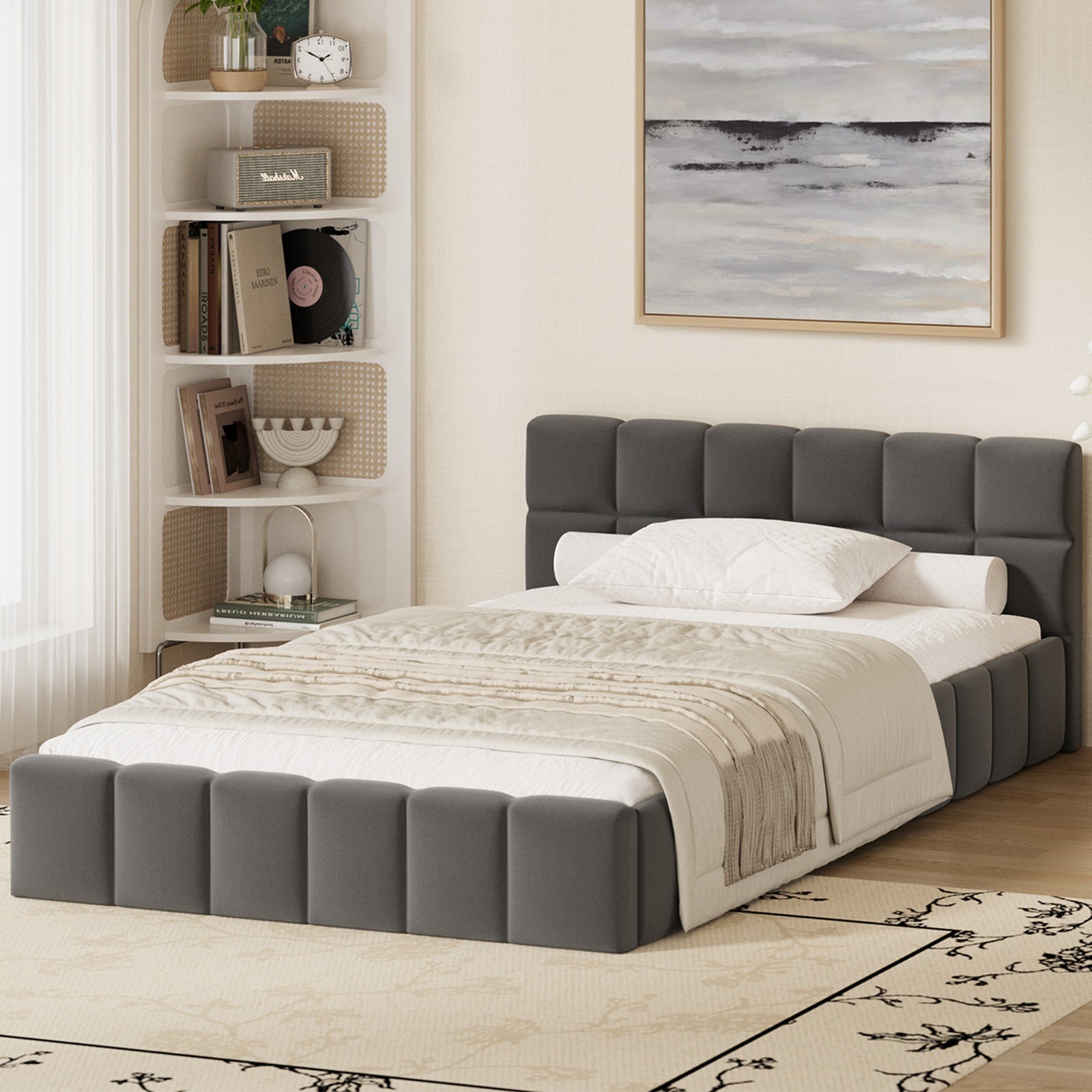 Oikiture Bed Frame King Single Size Tufted Headboard Grey Velvet - Sunyee