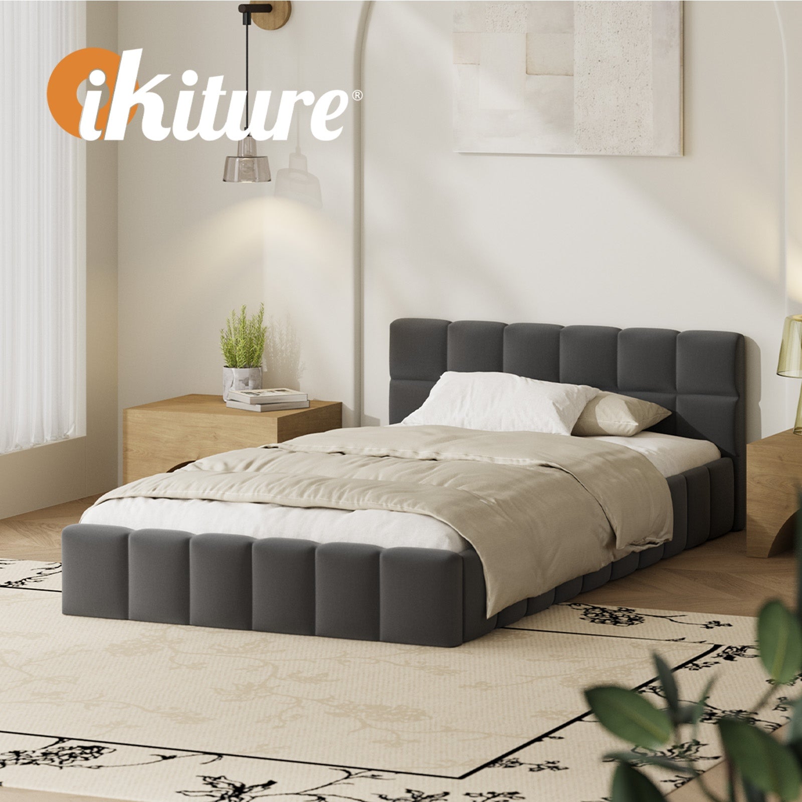 Oikiture Bed Frame King Single Size Tufted Headboard Grey Velvet - Sunyee