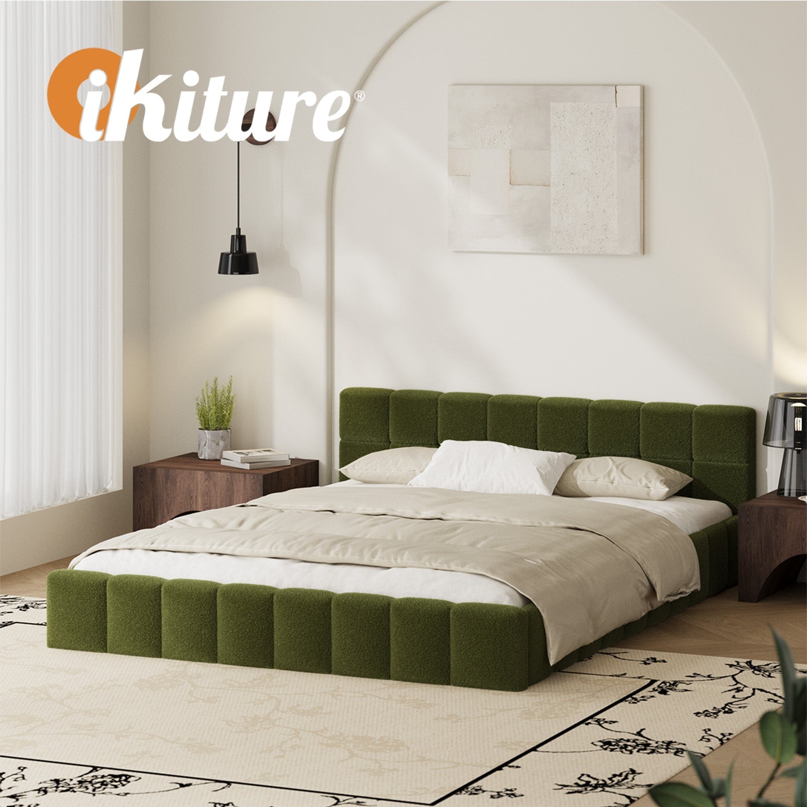 Oikiture Bed Frame Queen Size Tufted Headboard Green Boucle - Sunyee