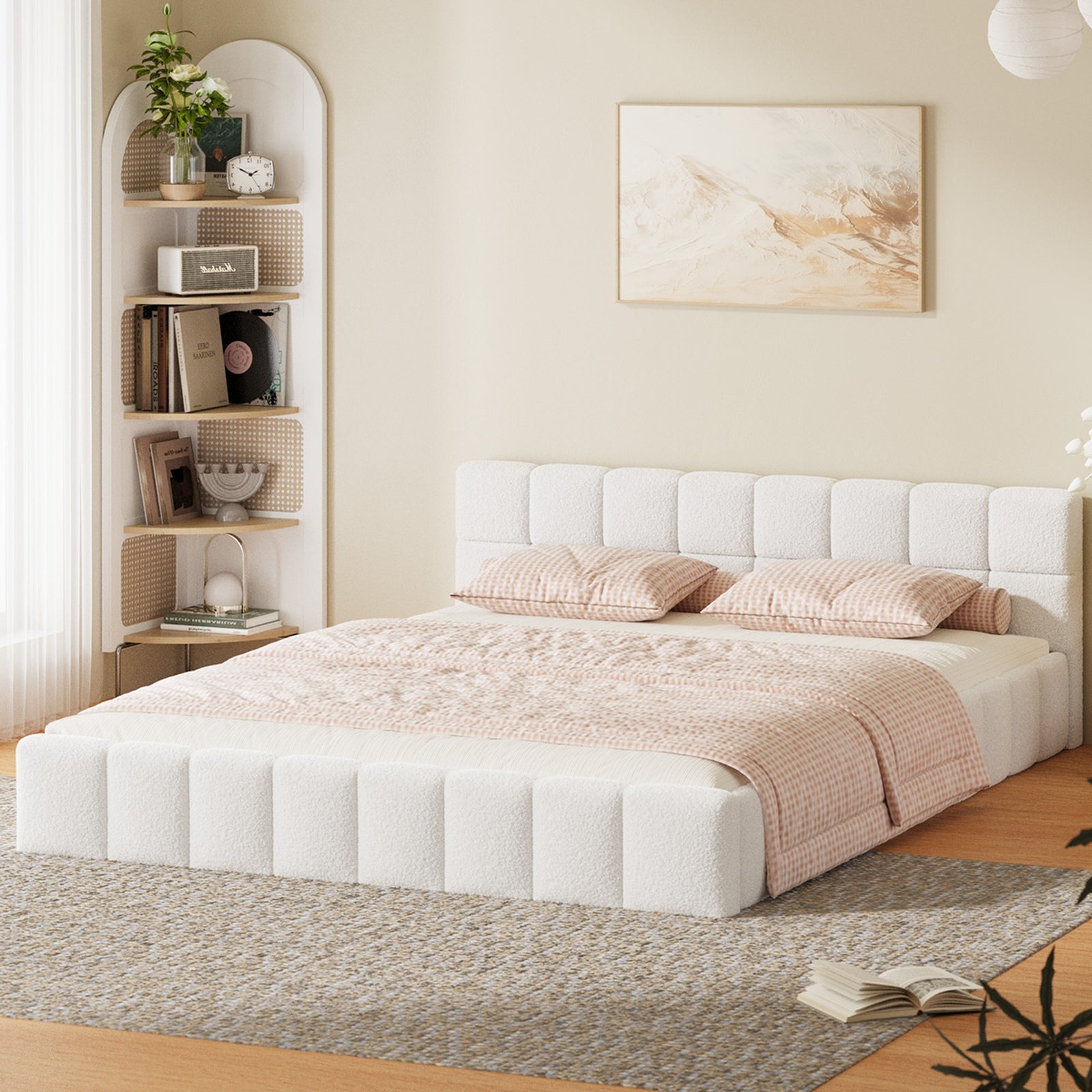 Oikiture Bed Frame Queen Size Tufted Headboard White Boucle - Sunyee